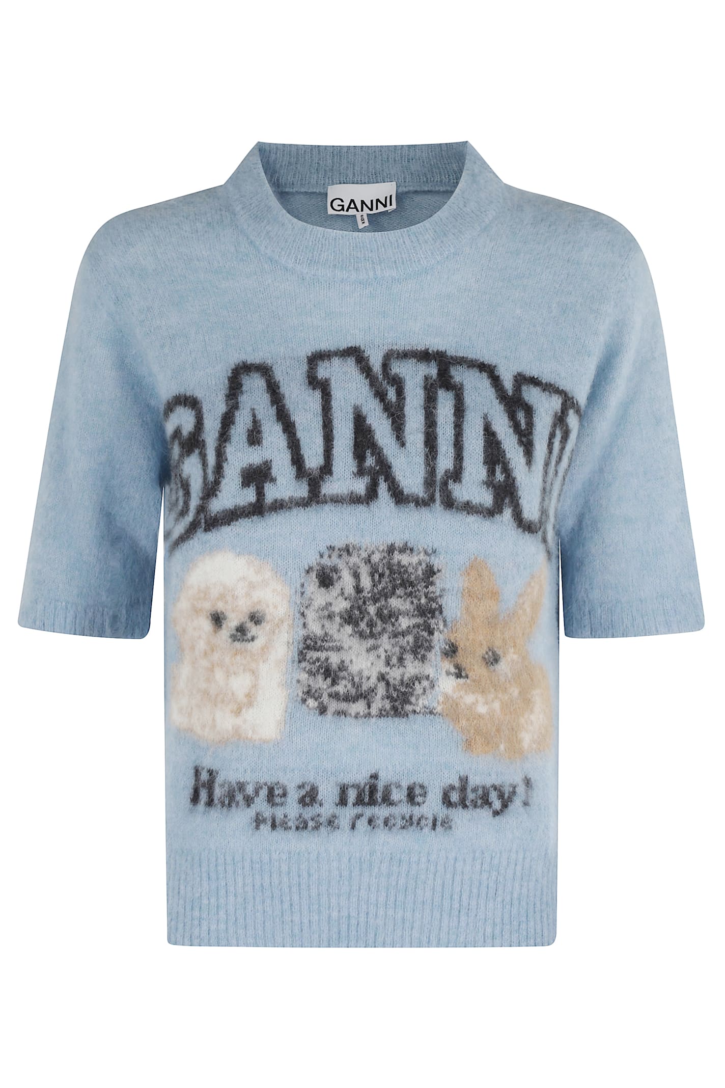 Ganni Light Blue Crewneck T-shirt With Maxi Logo Embroidery On The Front In Blue