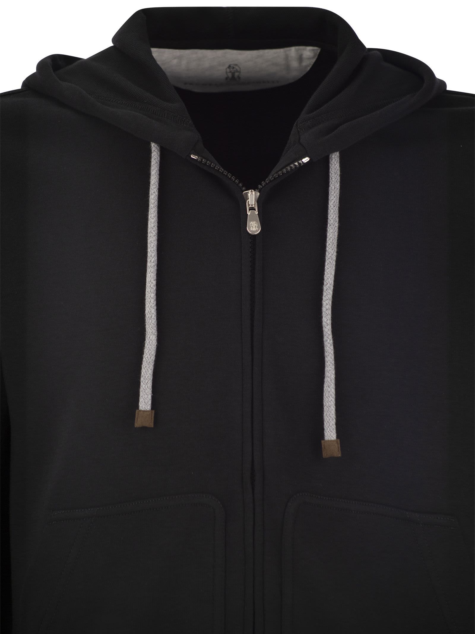 Shop Brunello Cucinelli Techno Cotton Interlock Zip-front Hooded Sweatshirt In Black