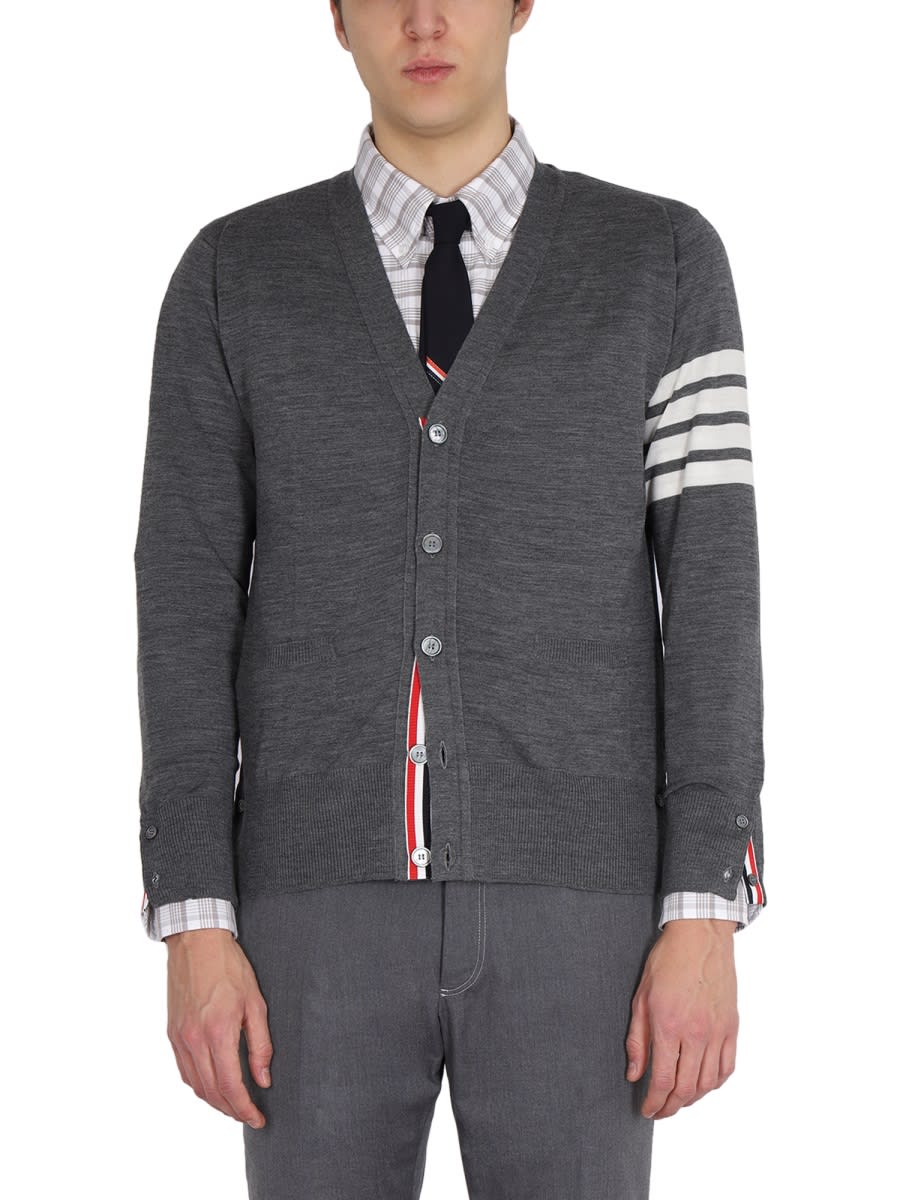 Shop Thom Browne Cardigan With Inlay 4bar In Grey