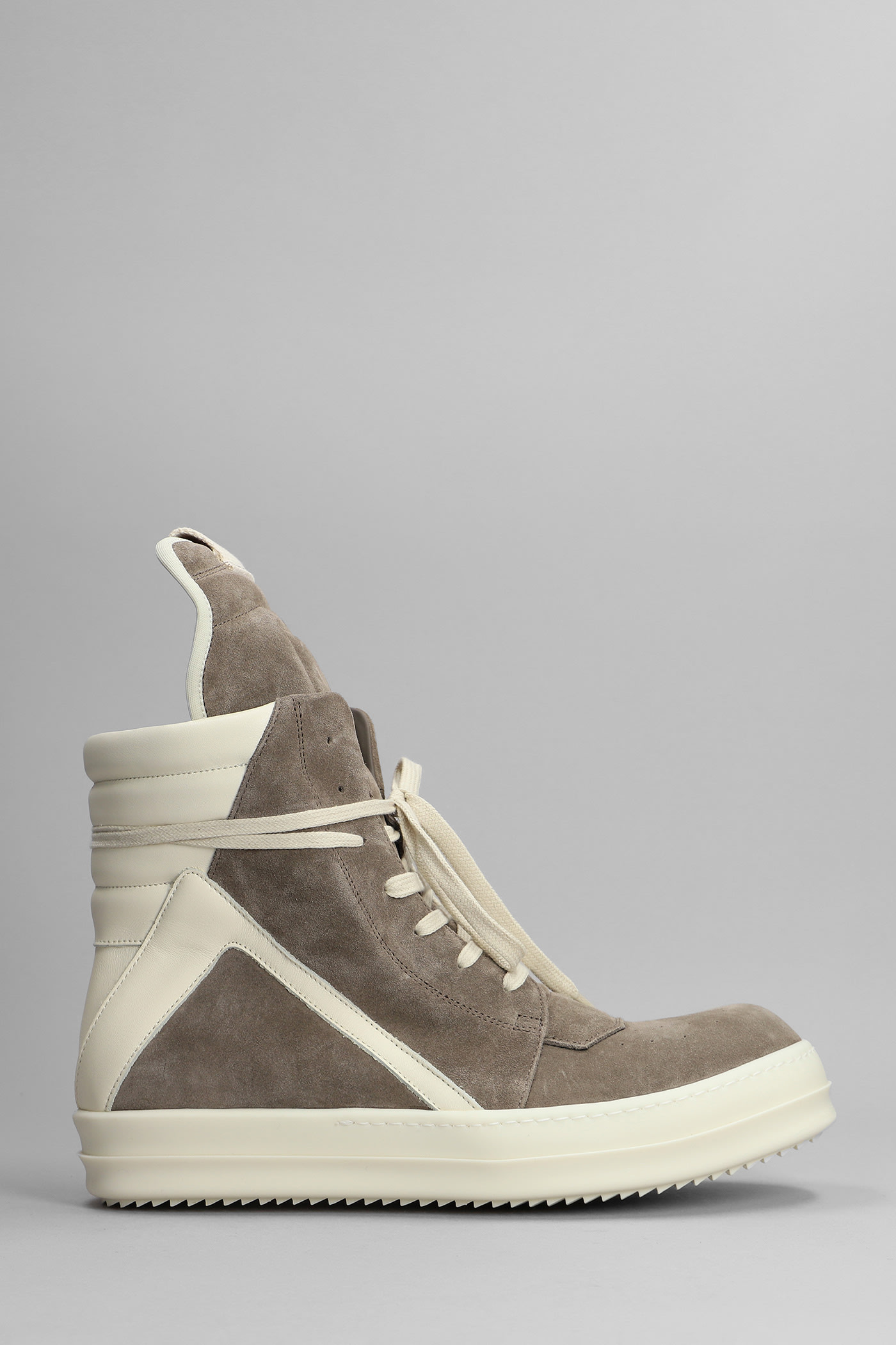 RICK OWENS GEOBASKET SNEAKERS IN TAUPE LEATHER