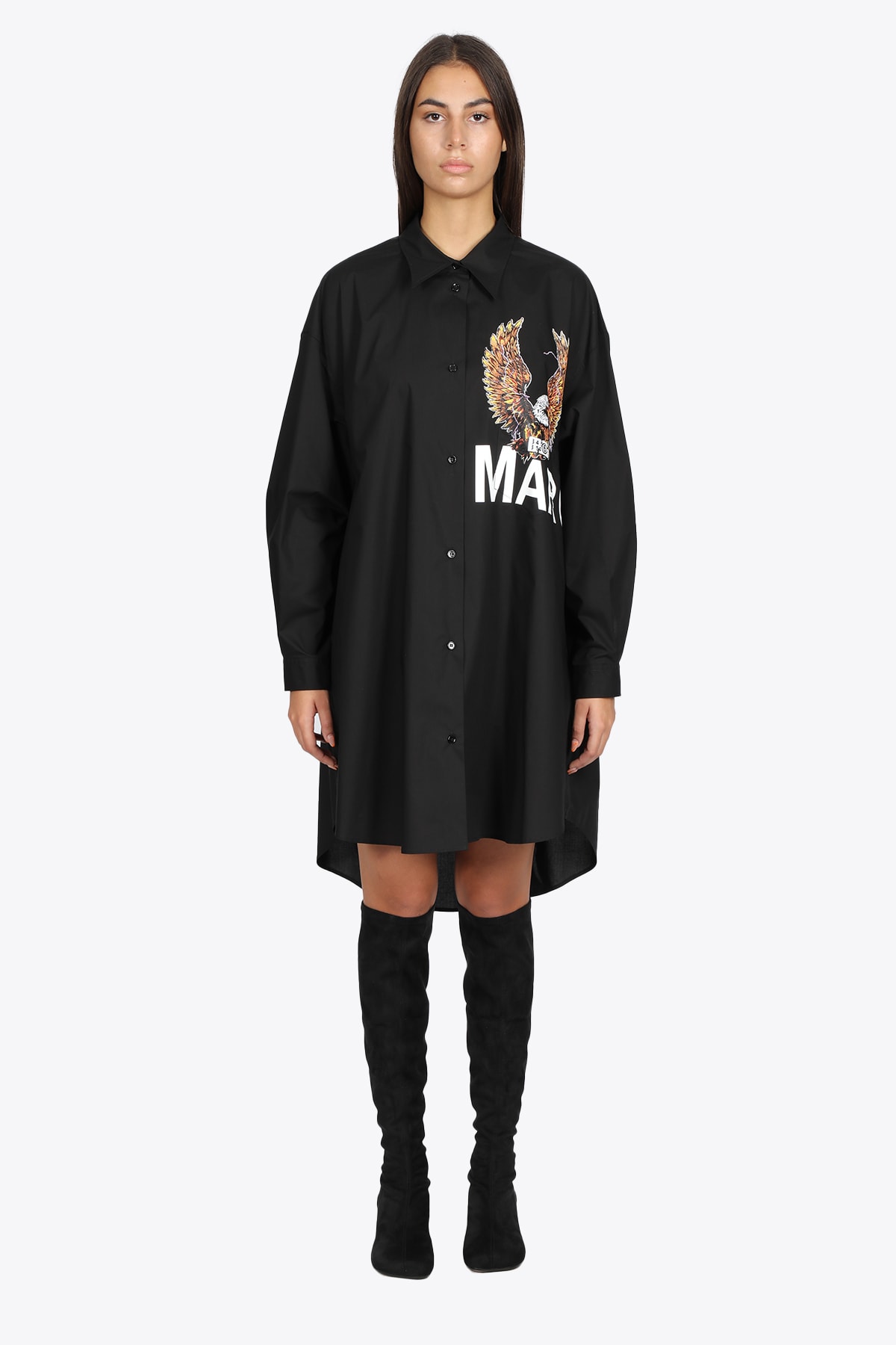 MM6 Maison Margiela Maxi Shirt-dress Black popeline dress with eagle print