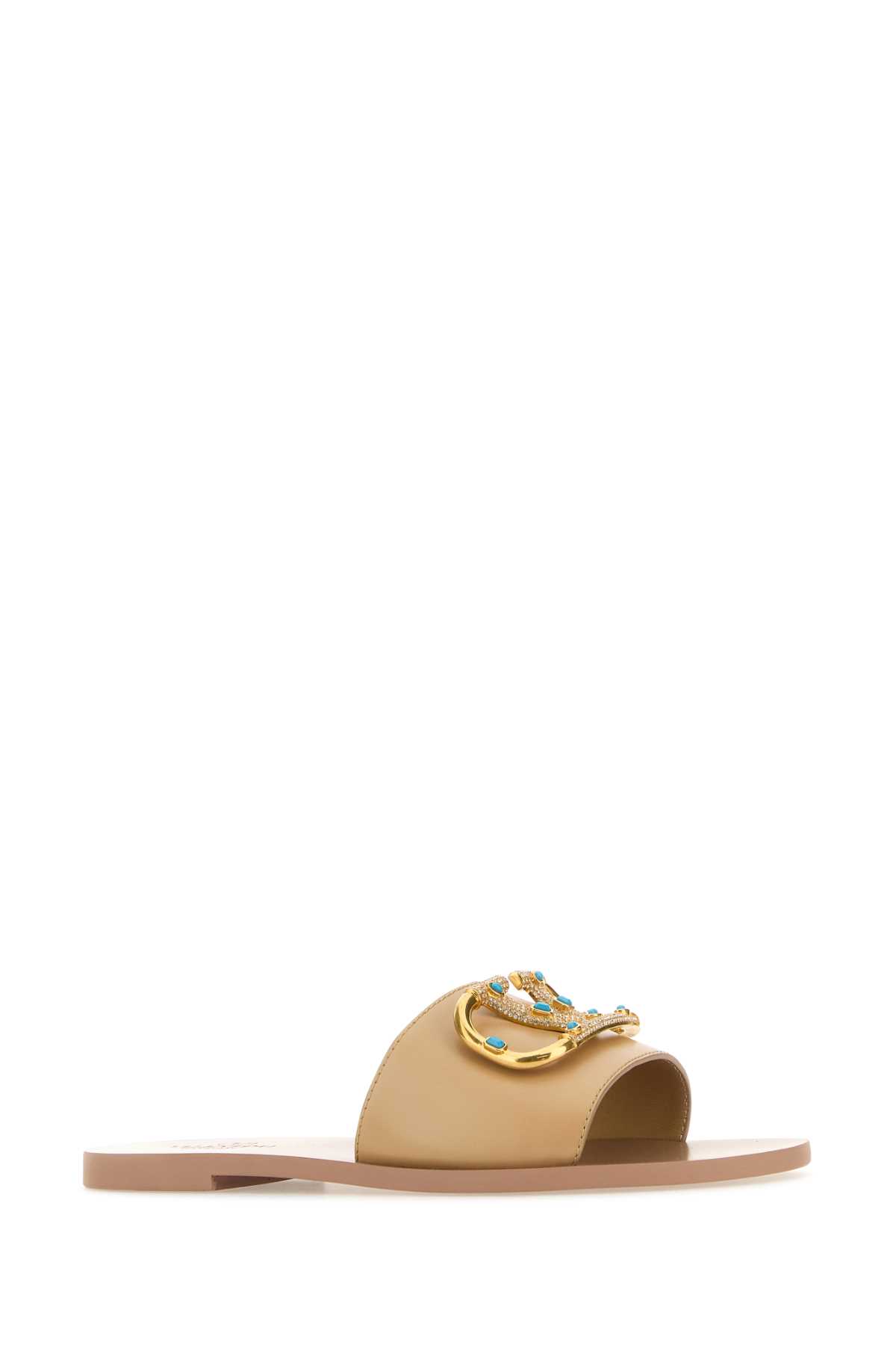 Shop Valentino Beige Leather Vlogo Slippers In Cappuccino