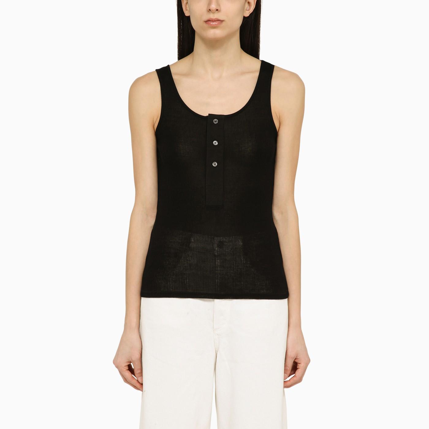 Black Cotton Tank Top With Buttons