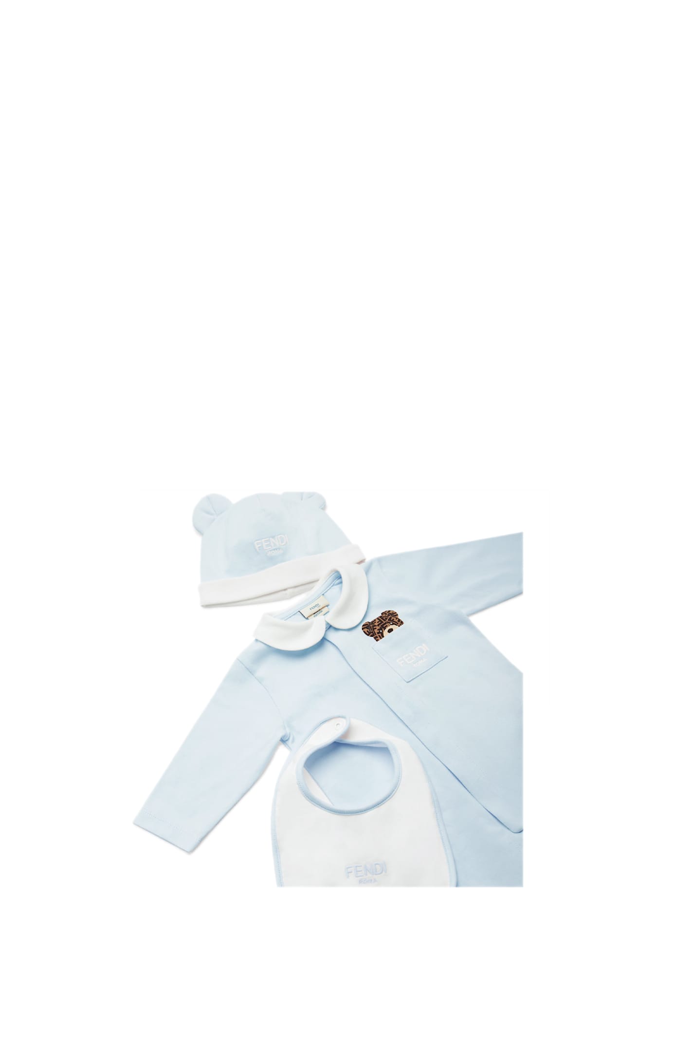 Shop Fendi Onesie, Hat And Bib In Light Blue