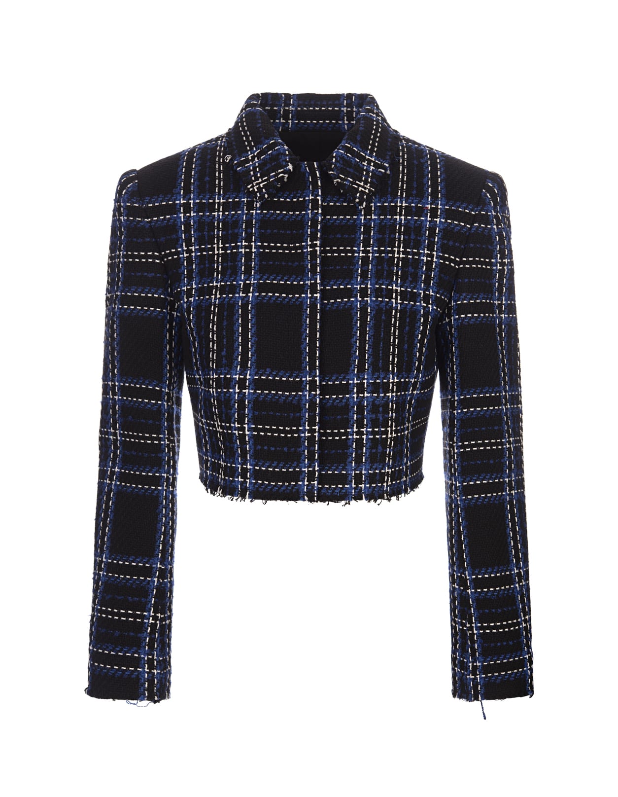 Shop Msgm Short Jacket In Blue Tweed With Maxi Check Pattern