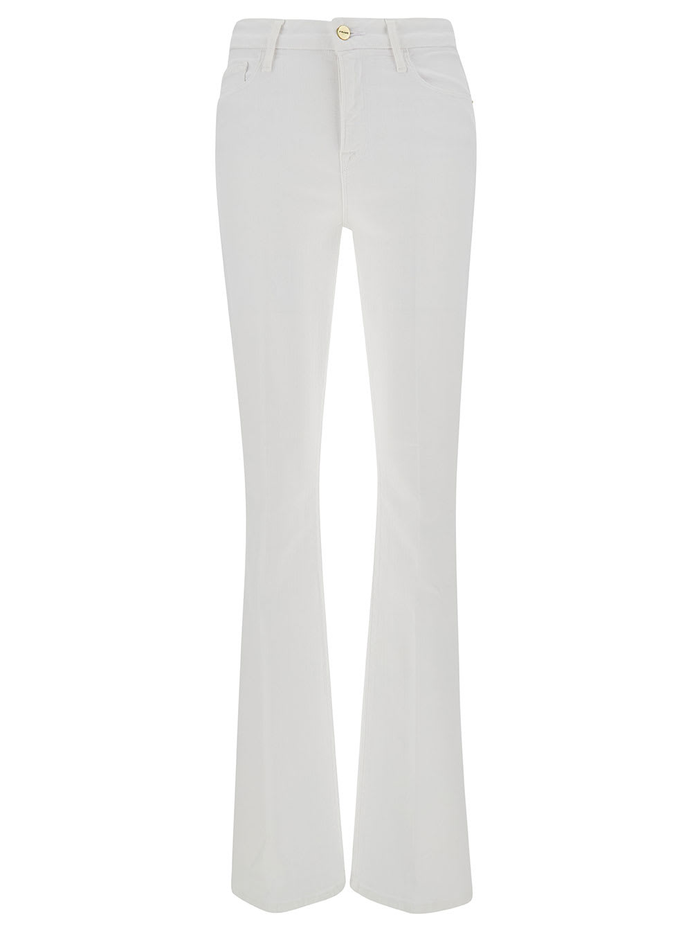 Shop Frame Mini Boot White Flared Jeans With Branded Button In Cotton Blend Denim Woman