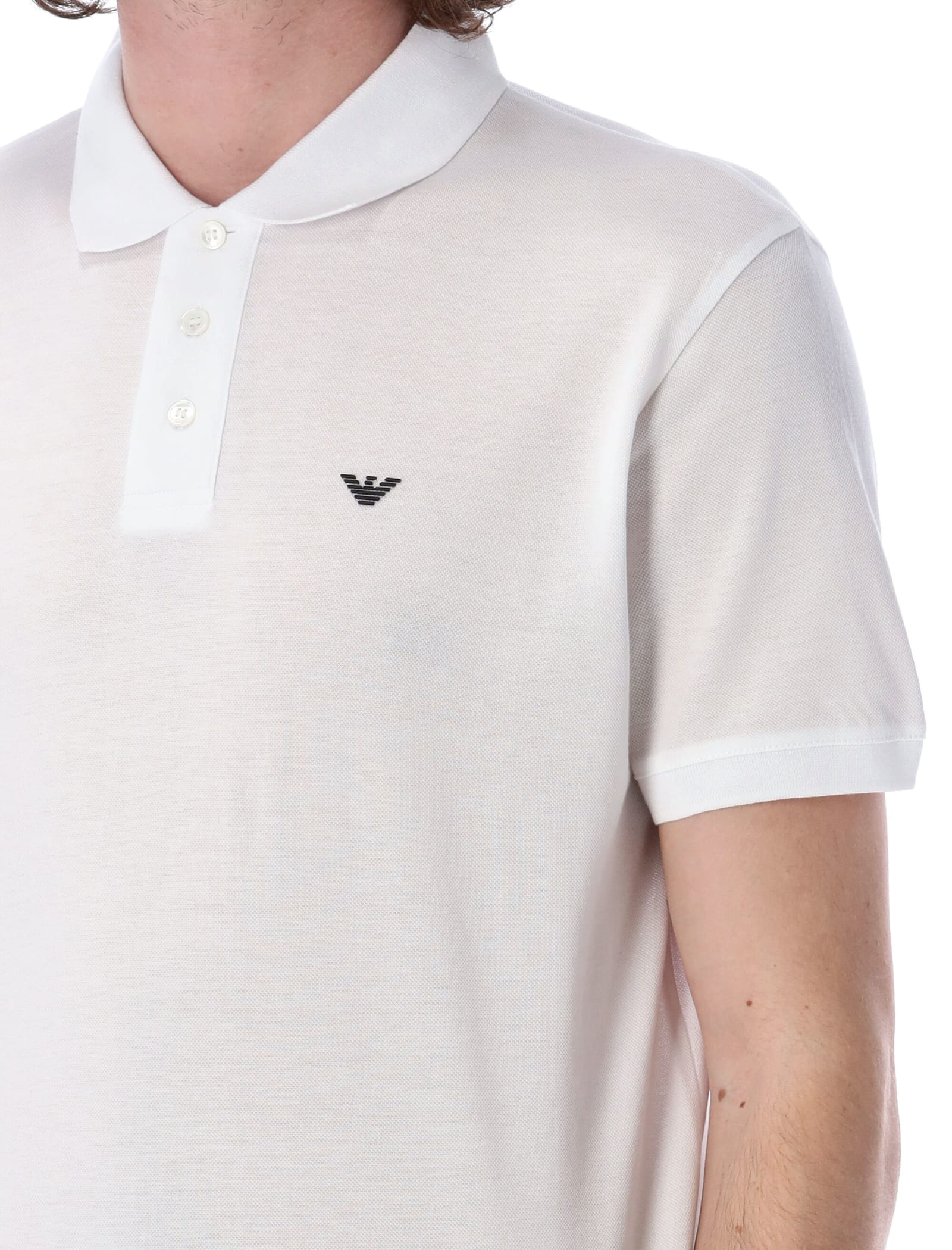 Shop Emporio Armani Piqu Olo Shirt With Micro Eagle In Bianco Ottico