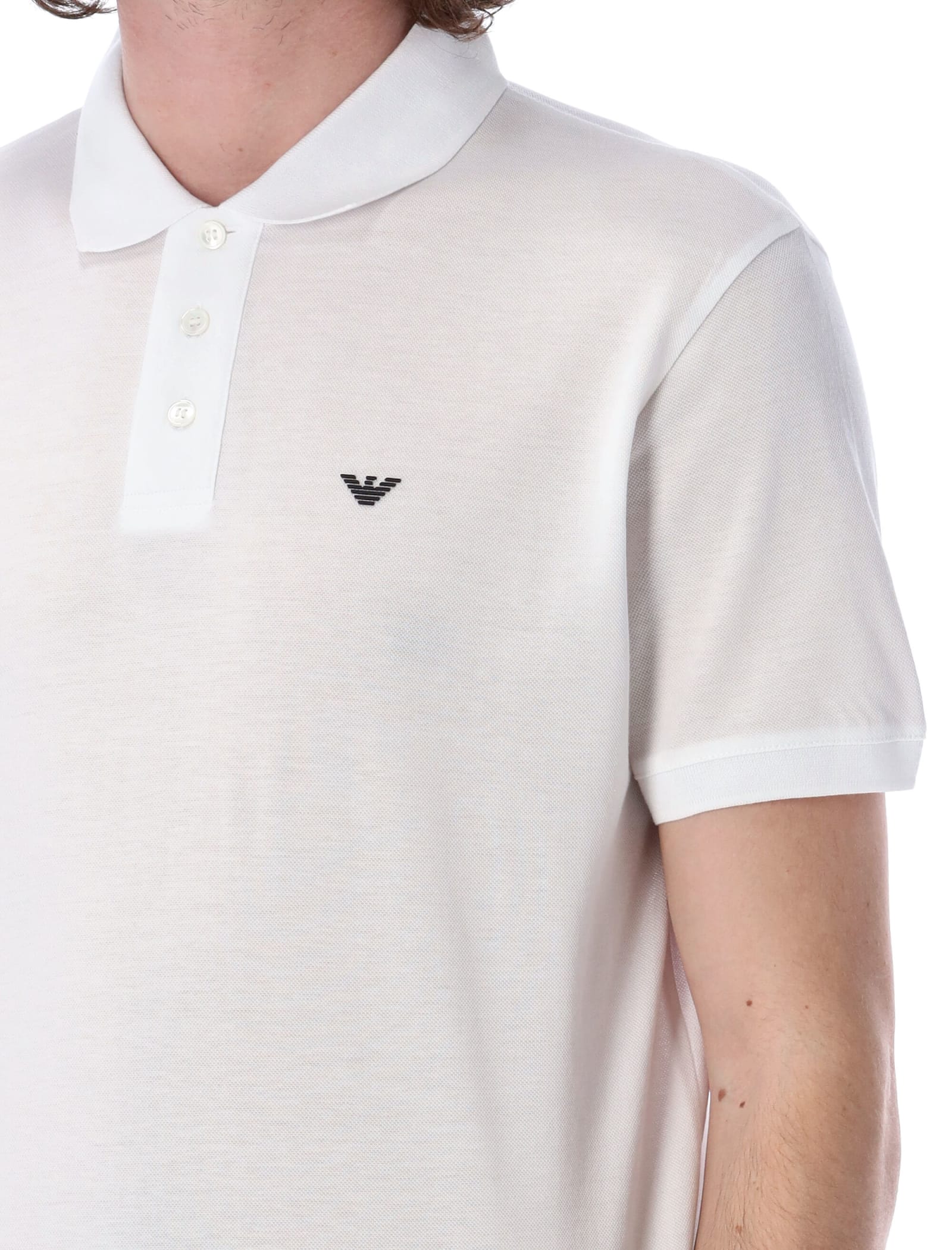 Emporio Armani Logo Embroidery Cotton Polo Shirt In White