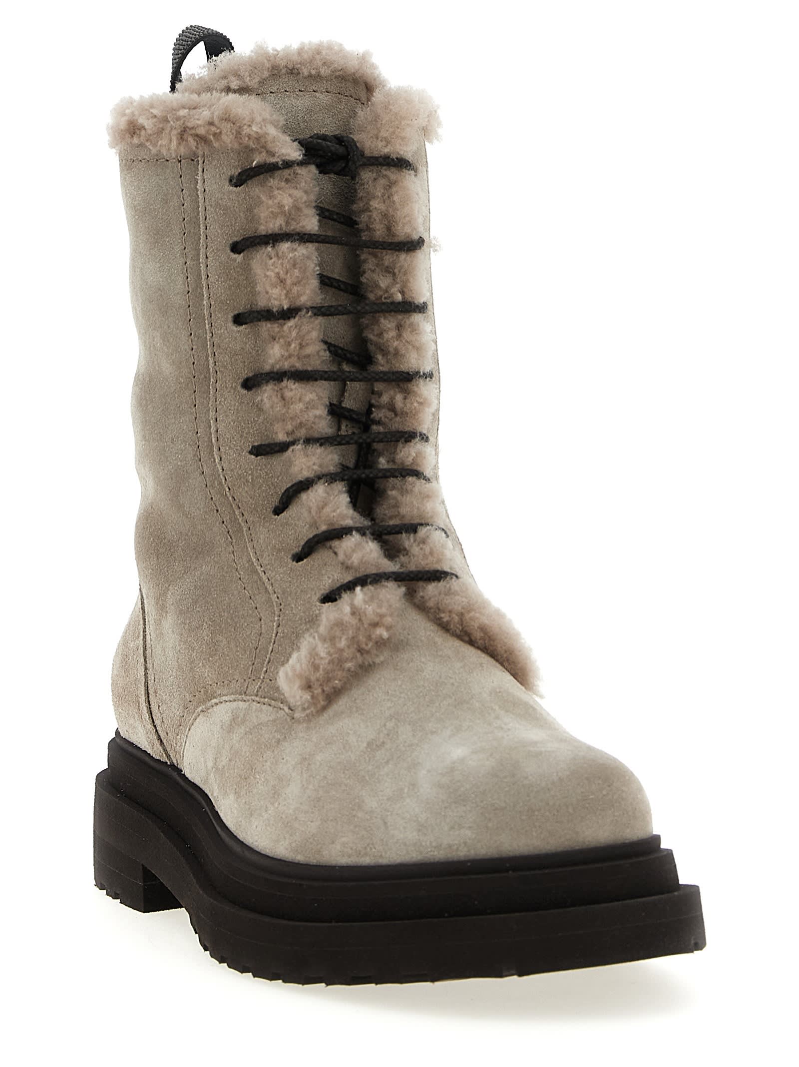 Brunello Cucinelli Suede Combat Boots Monile In Gray
