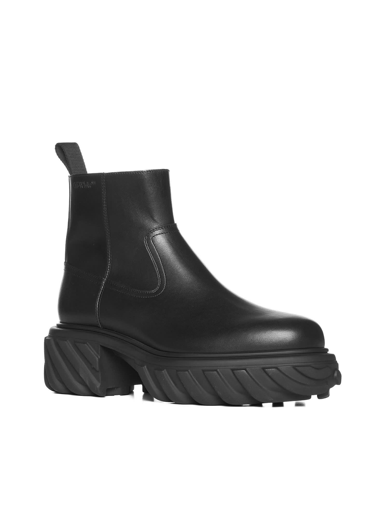 Off-white Chunky Sole Leather Boots With Elastic Side Panels In Black
