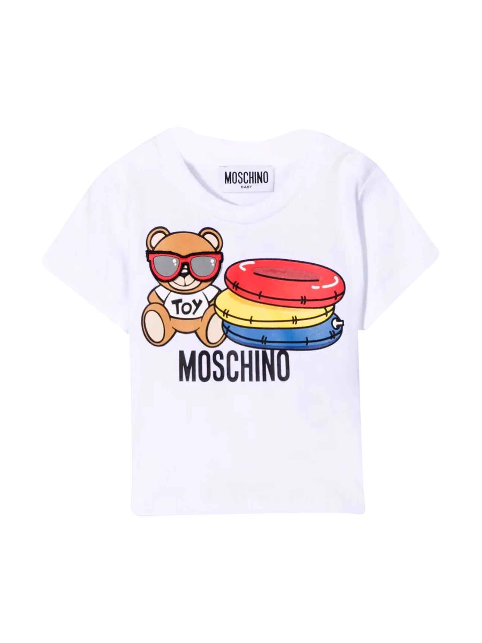 Moschino White Newborn T-shirt With Teddy Bear Print On The Front, Crew Neck, Short Sleeves And Straight Hem By.