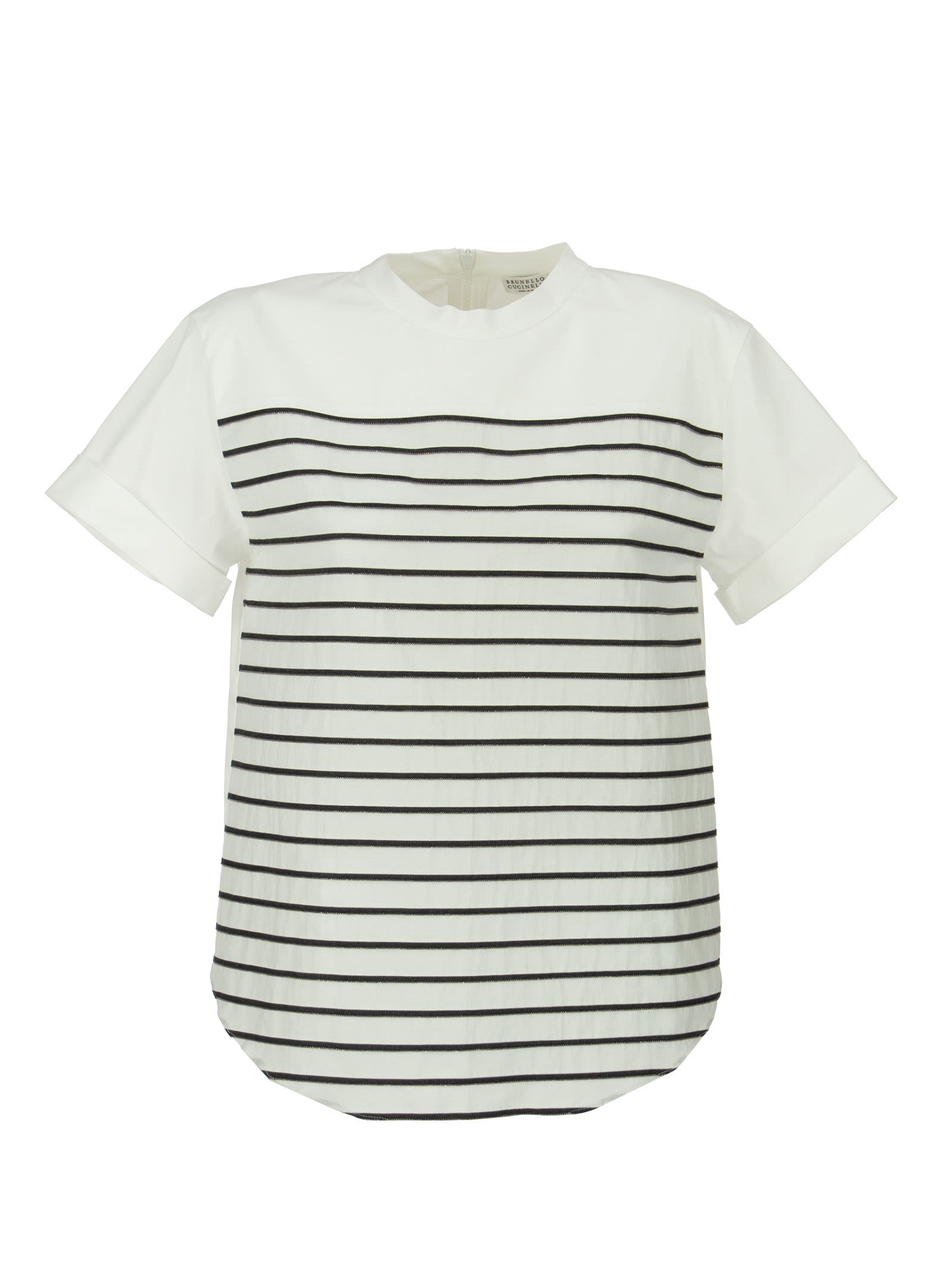 Stretch Cotton Poplin T-shirt With Shiny Stripes