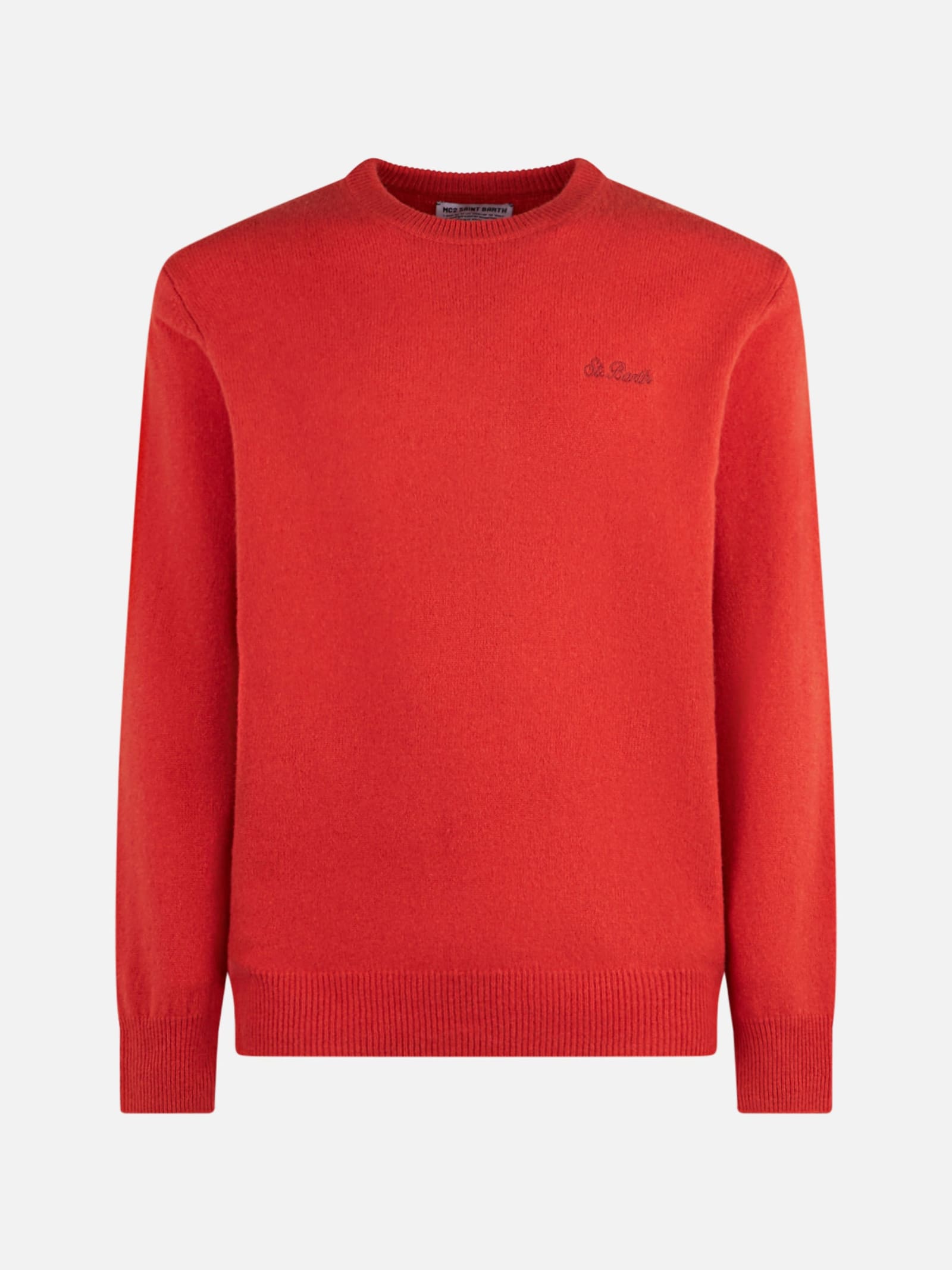 Mc2 Saint Barth Man Crewneck Orange Sweater With St. Barth Embroidery In Orange