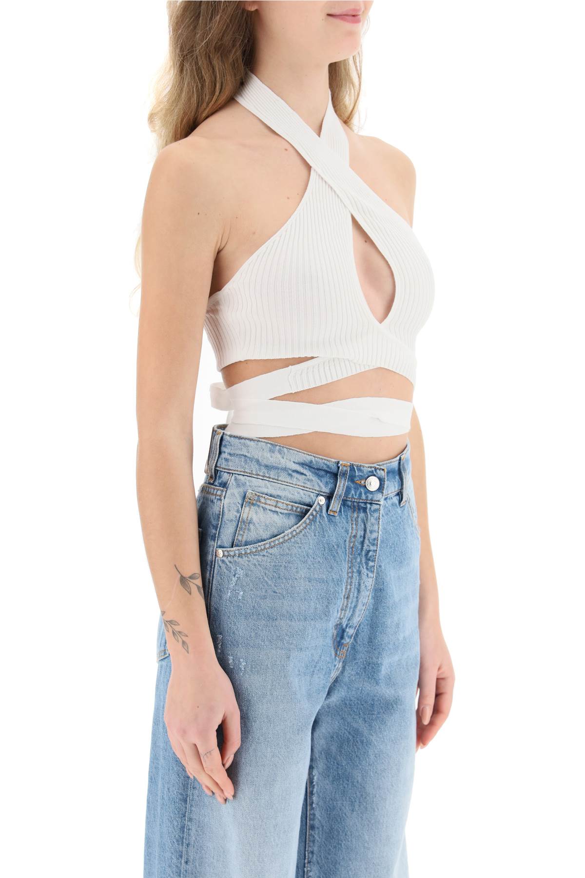 Shop Msgm Ribbed Knit Top With Crossover Neckline In White (white)