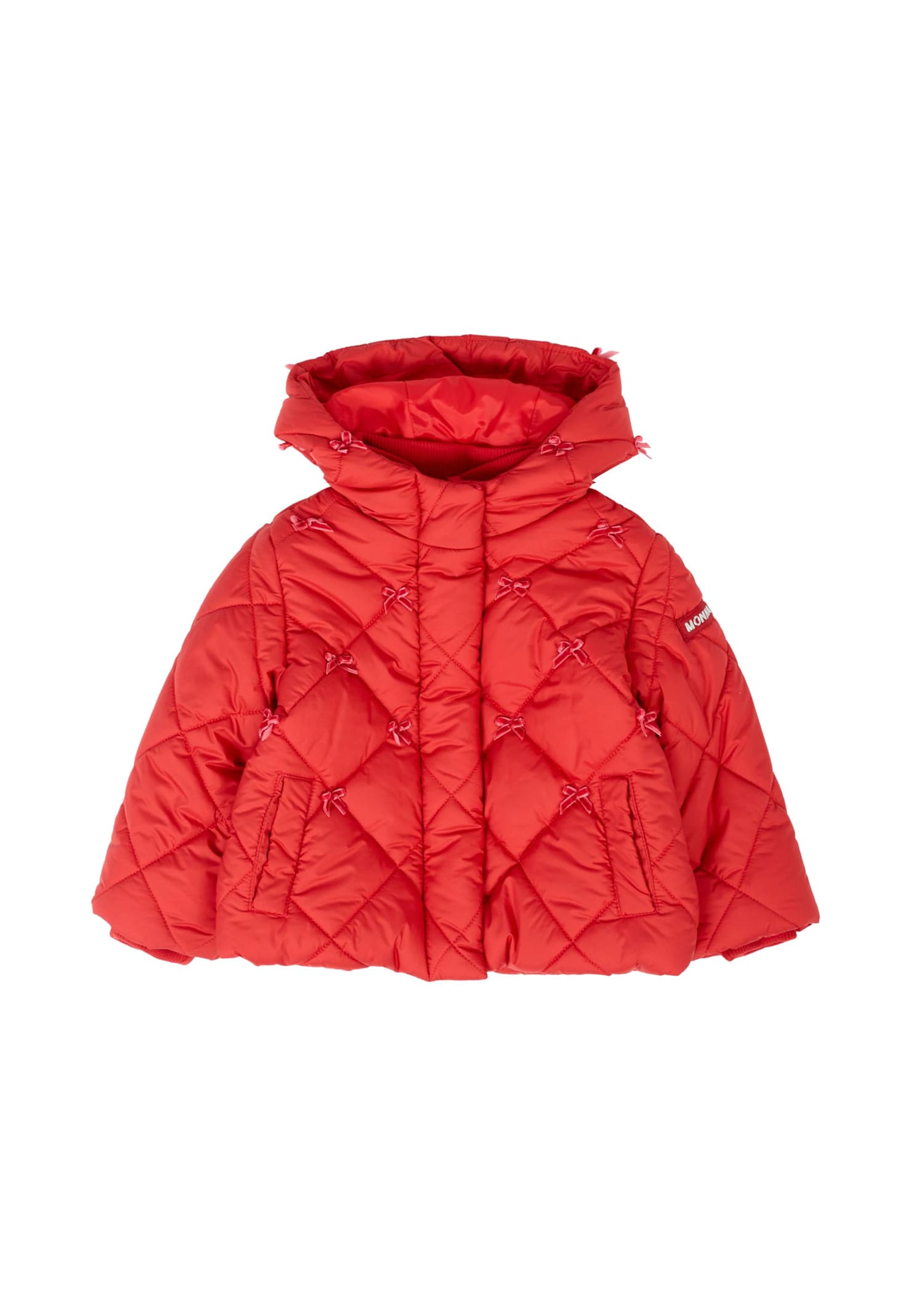Monnalisa Red Down Jacket For Baby Girl With Bows In Red