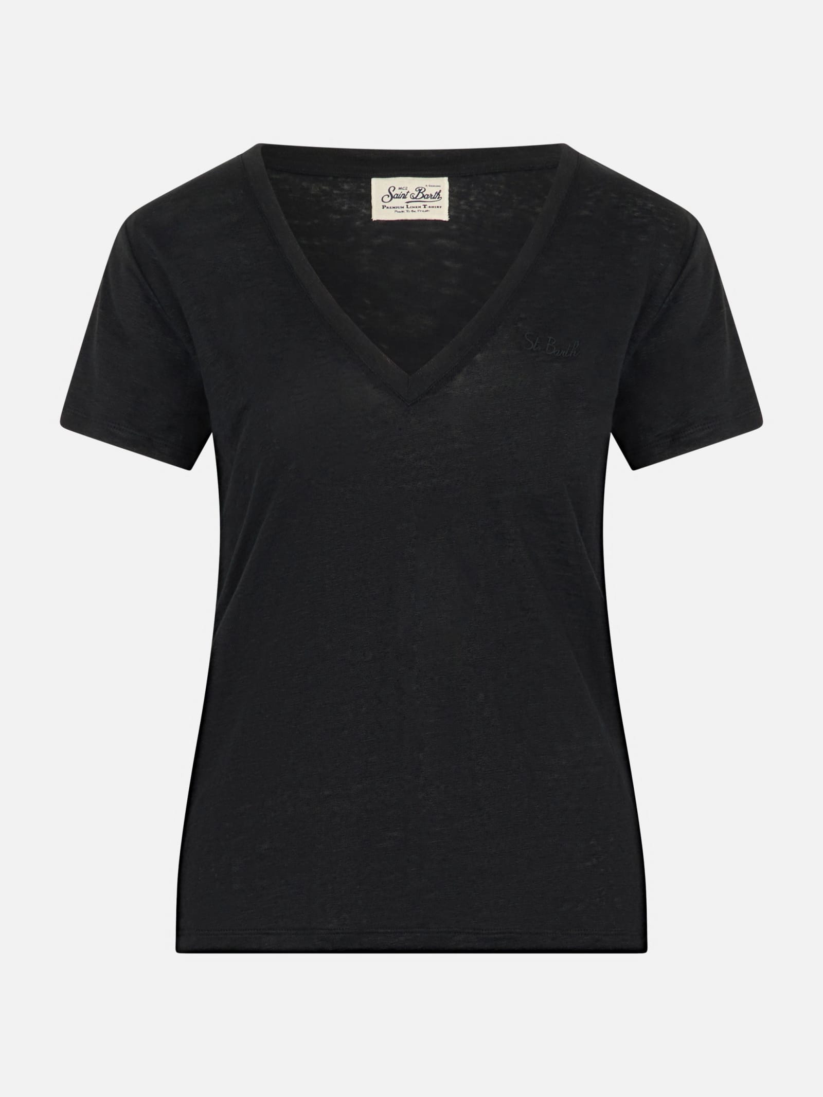 Mc2 Saint Barth Linen Jersey Black V-neck T-shirt Eloise In Black