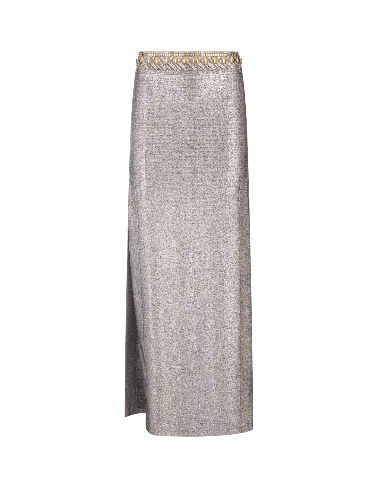 Shop Rabanne Silver Long Skirt With Gold Studs