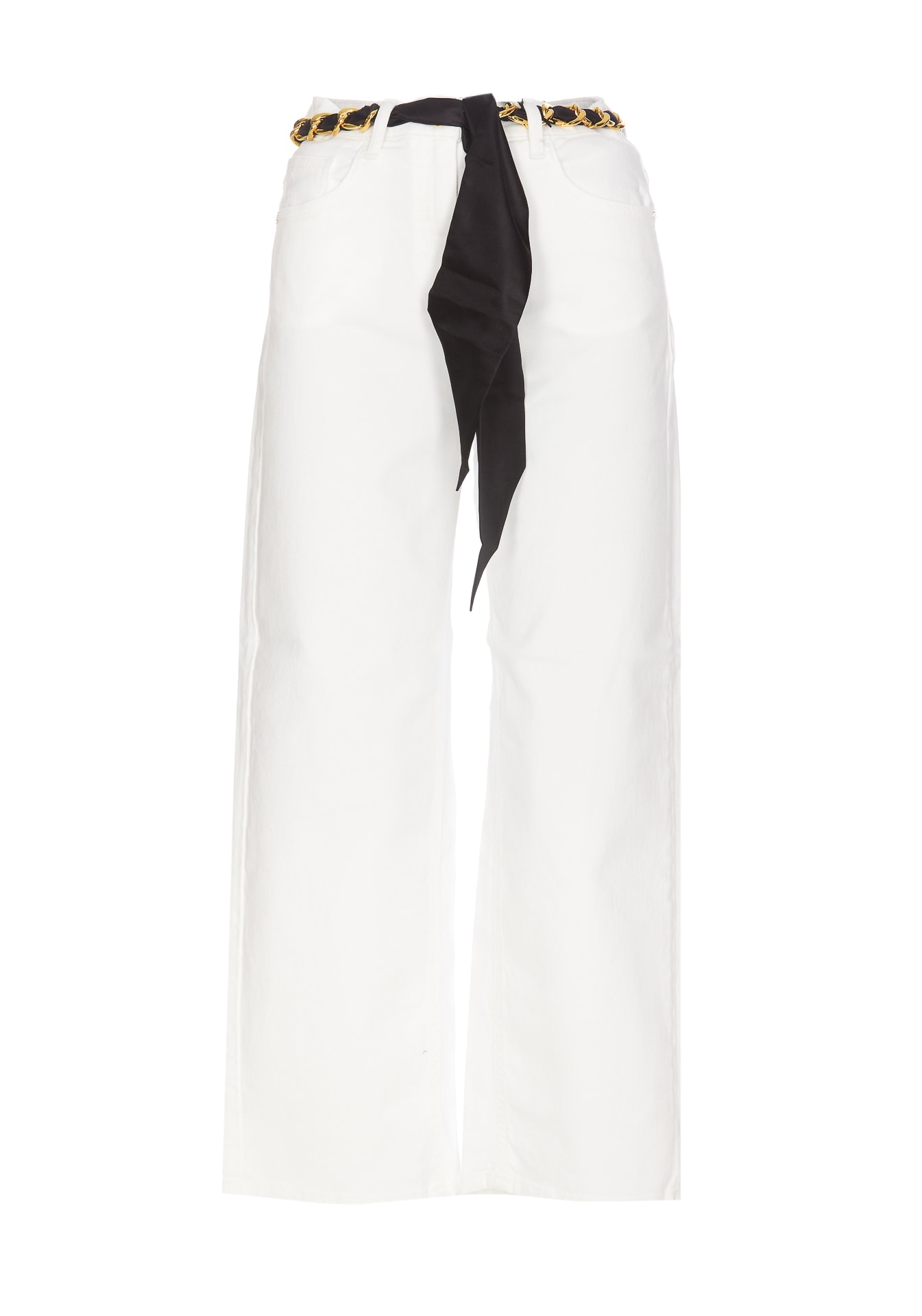 Shop Elisabetta Franchi Cropped Wide Jeans With Chain Belt In Ivory