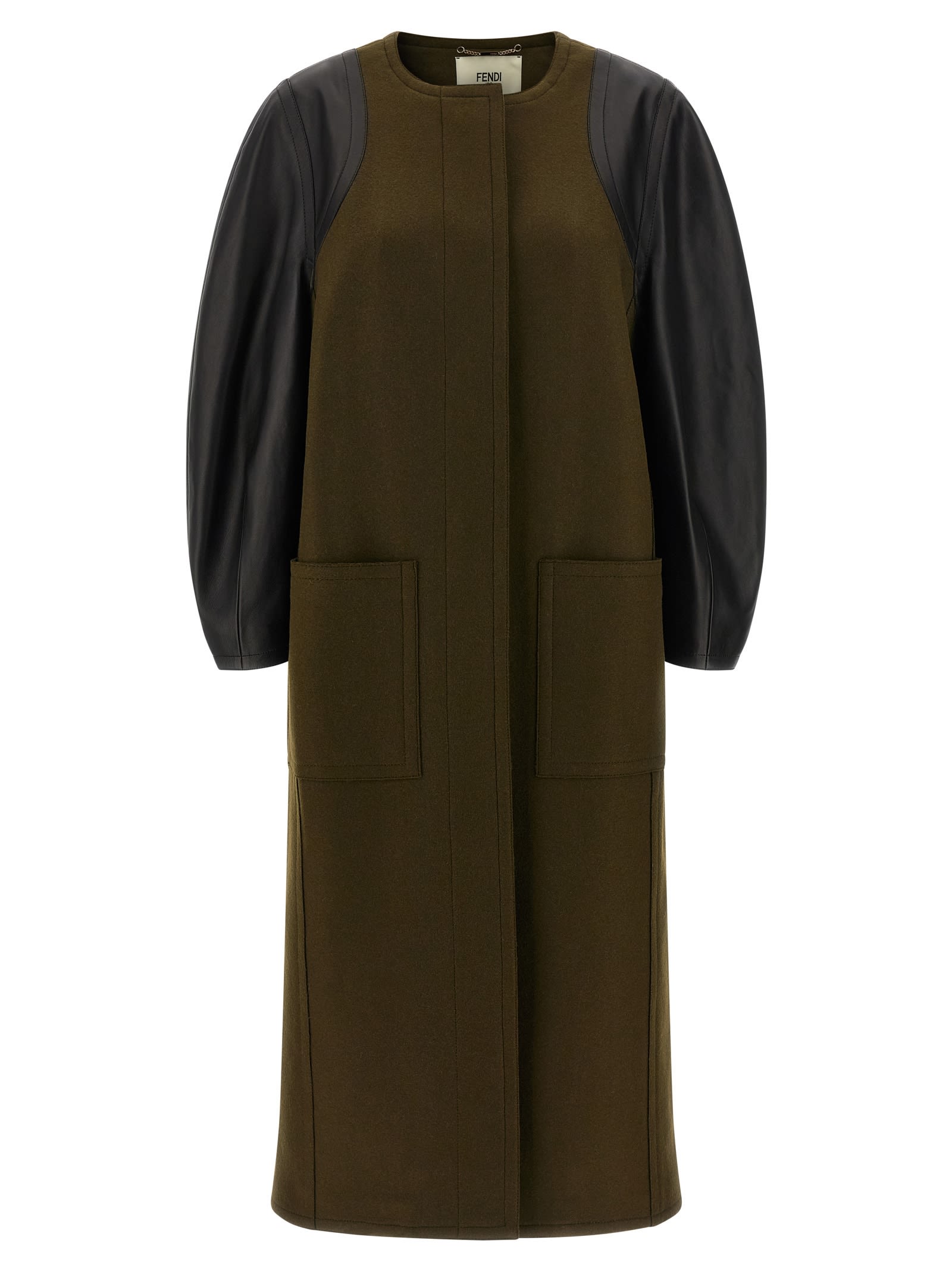 Fendi Women Green Crewneck Coat With Puffed Leather Sleeves And Belt With Ff Plaque In Wool And Visc In Green