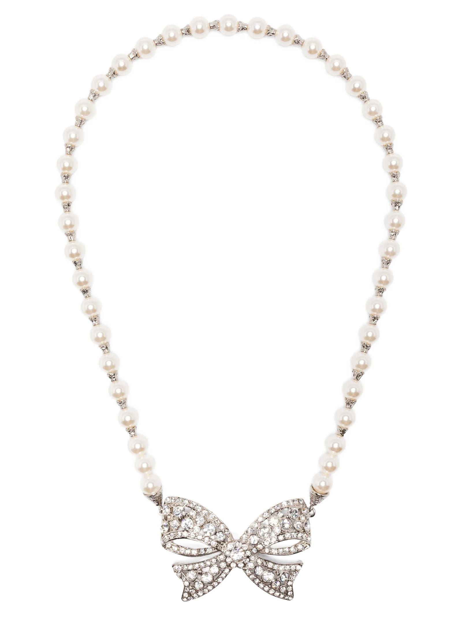 Alessandra Rich Bow Pendant With Pearl Beads And Rhinestone Embellishments In White