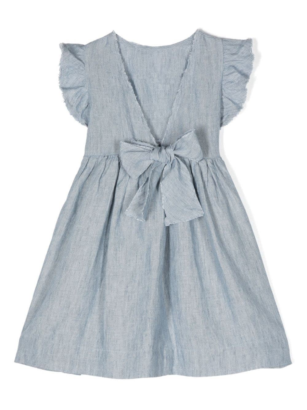 Shop Il Gufo Blue Linen Dress With Bow Detail