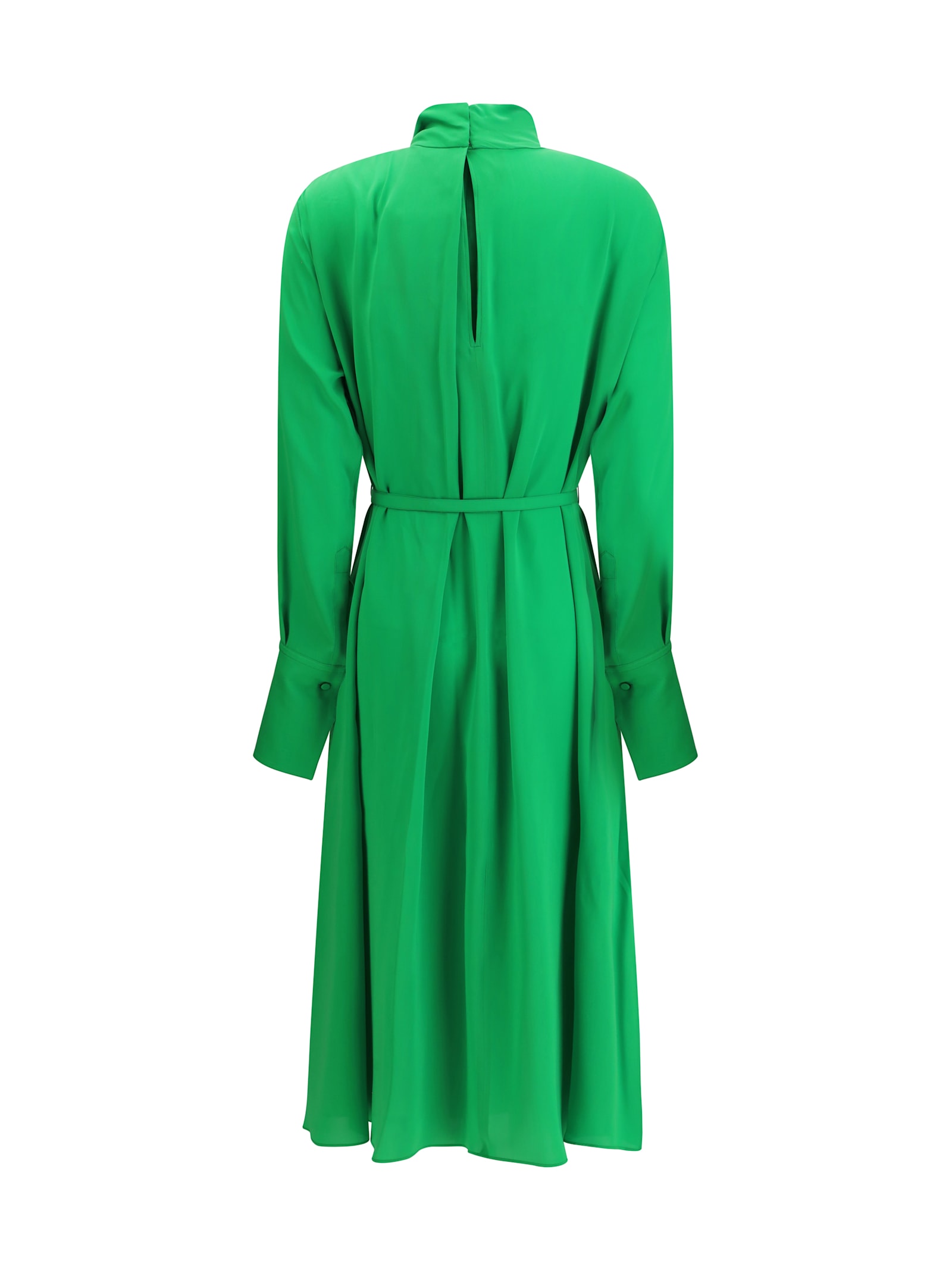 Tom Ford Washed Silk Georgette Long Sleeve Draped Collar Belted Dress With Cut-out In Green