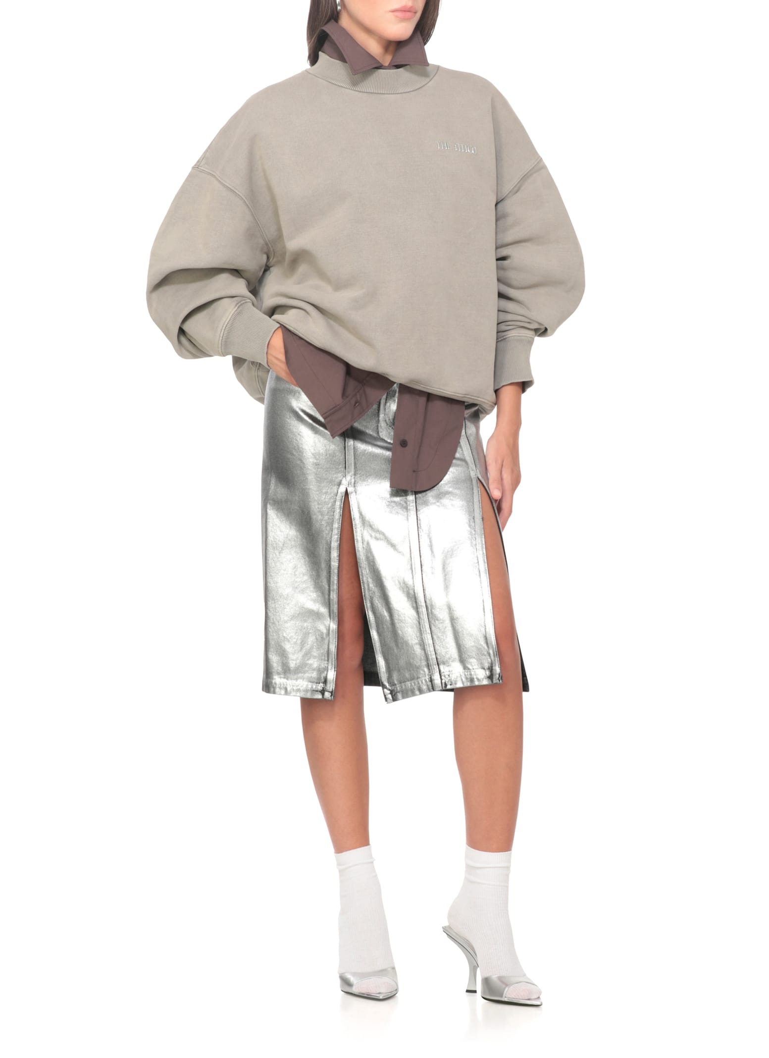 Attico Taupe Grey Cotton Sweatshirt With Front Relief Logo In Gray