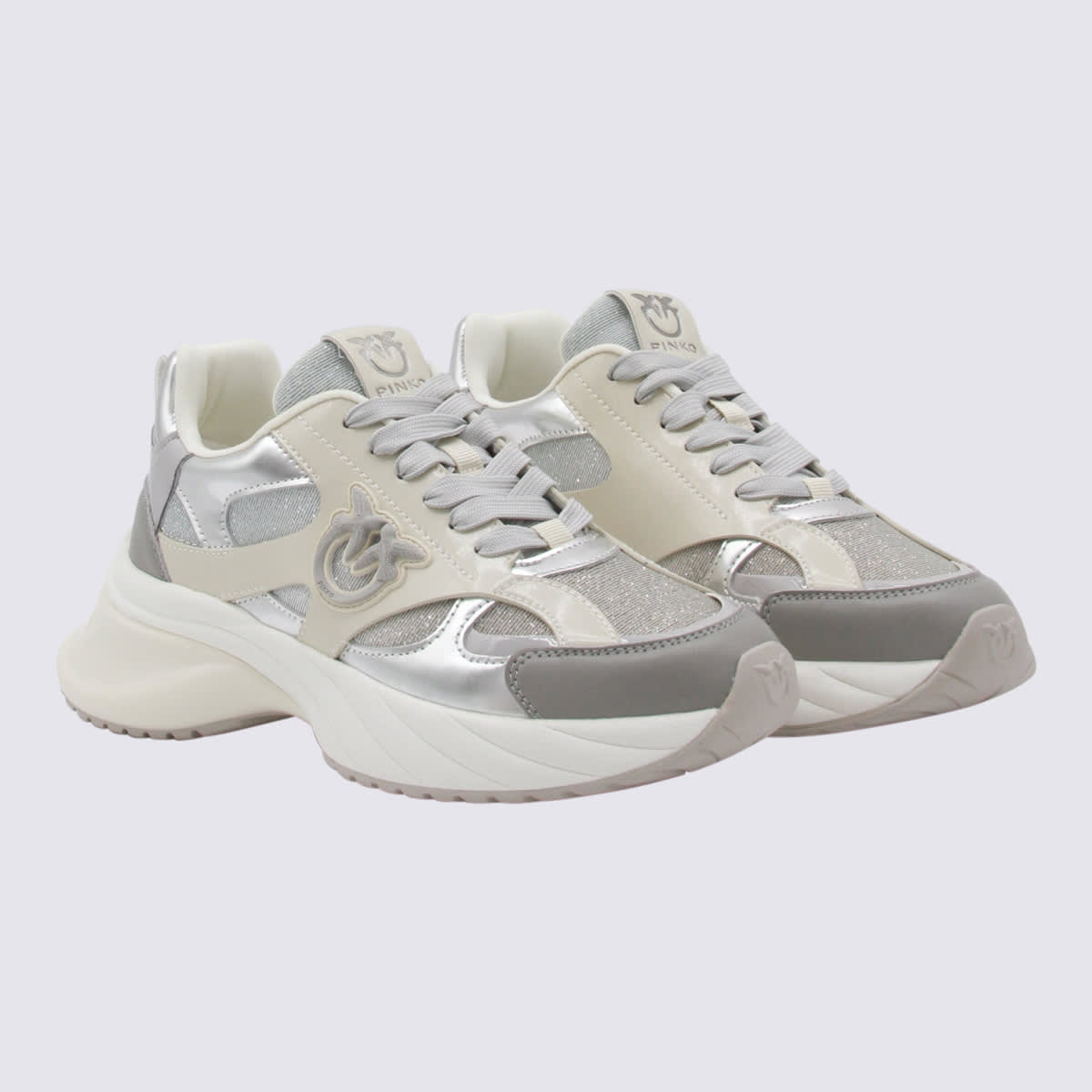 Pinko Beige And Silver Sneakers In White