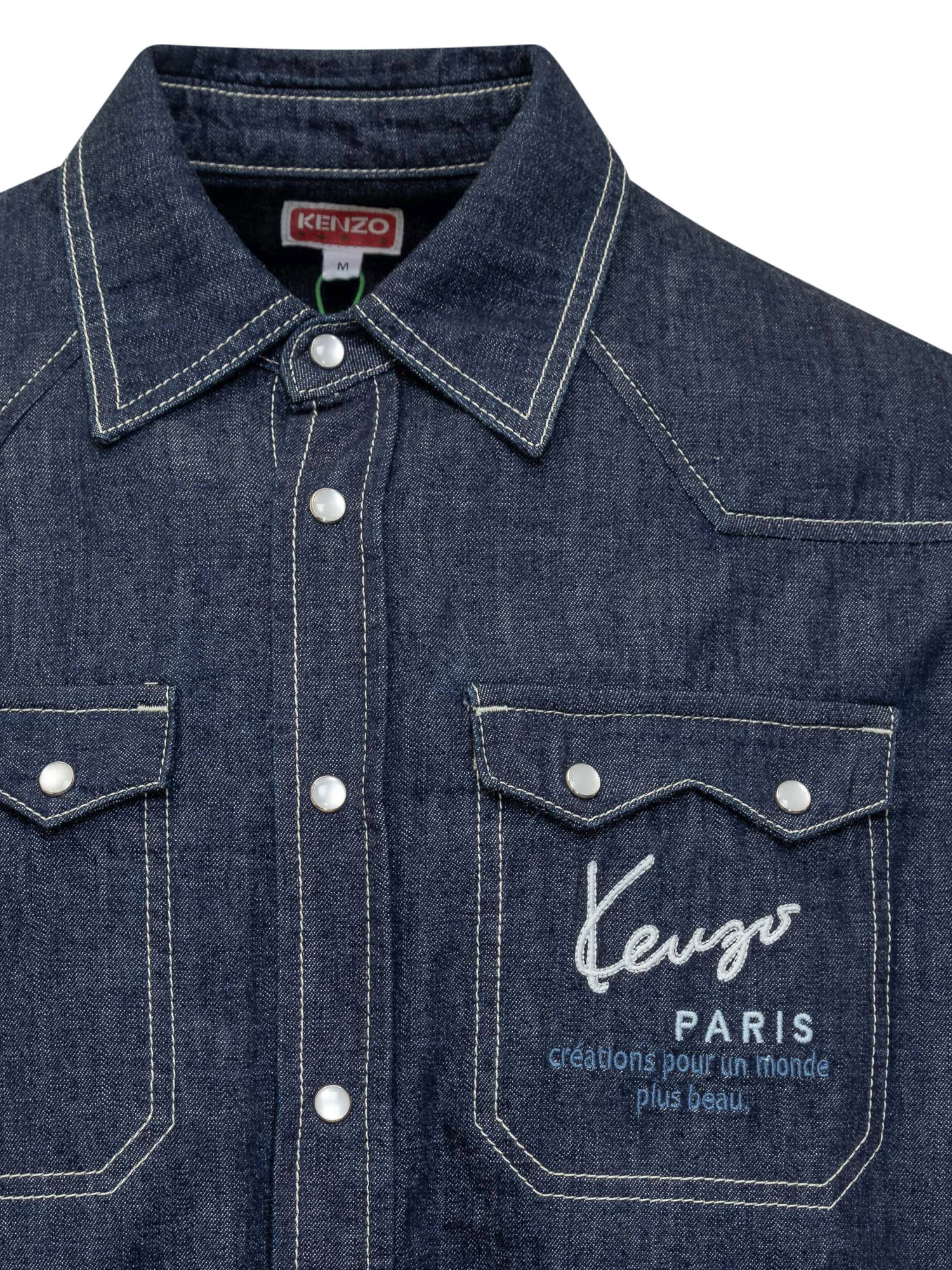 Shop Kenzo Shirt With Logo In Rinse Blue Denim