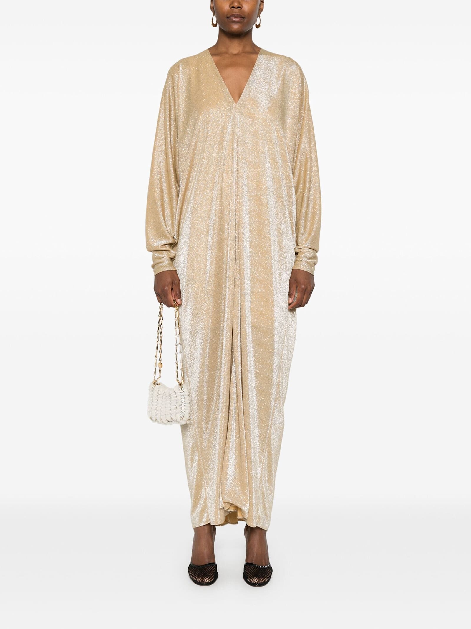 Shop Lanvin Caftan V Neck Lurex In Sand