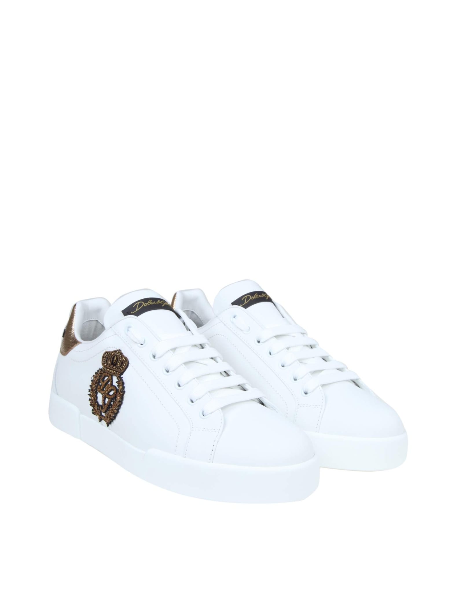 Shop Dolce & Gabbana Portofino Sneakers In Leather With Side Crown Logo In White / Gold