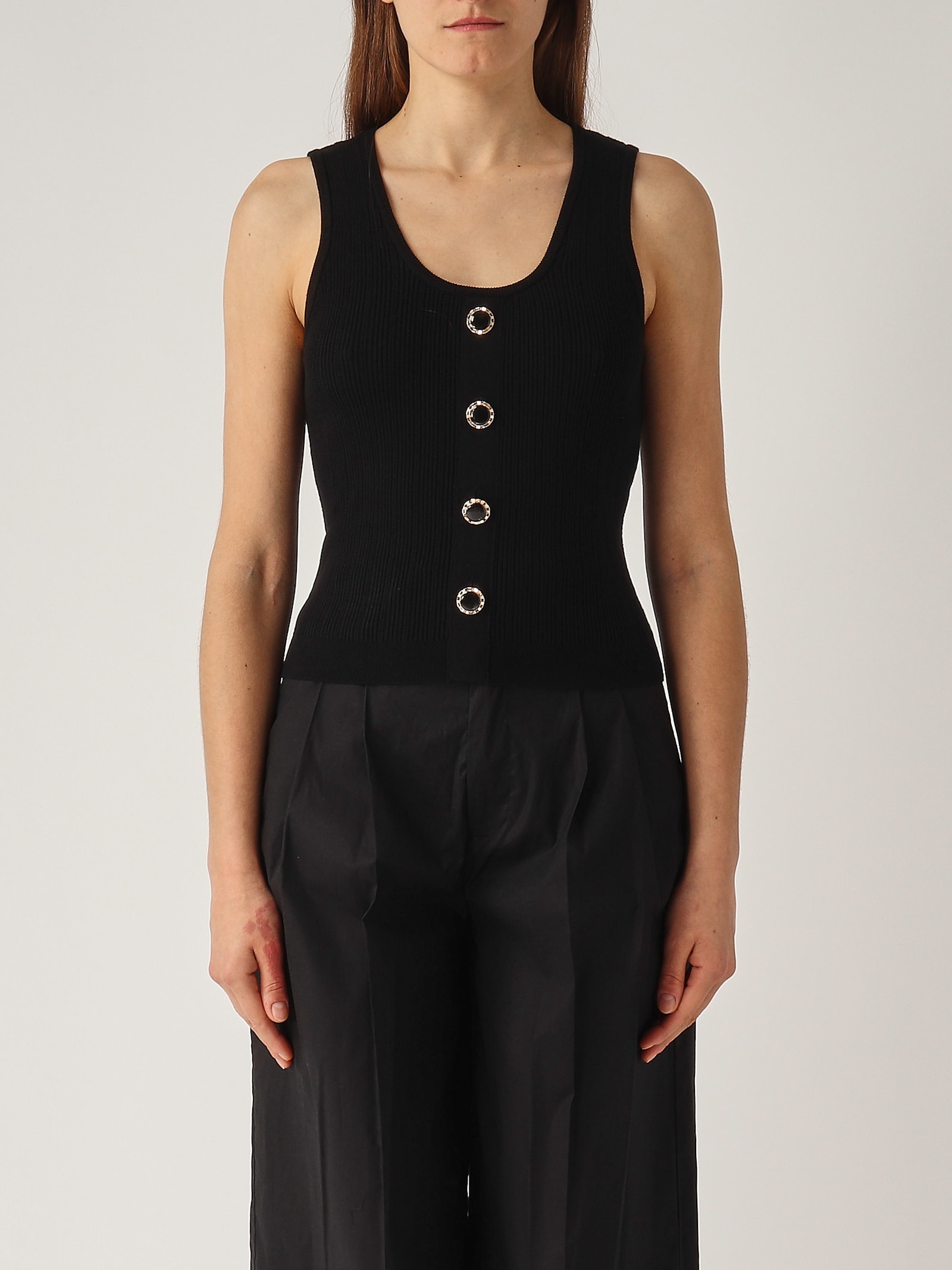 Twinset Top In Maglia Con Bottone Decoro Top-wear In Nero
