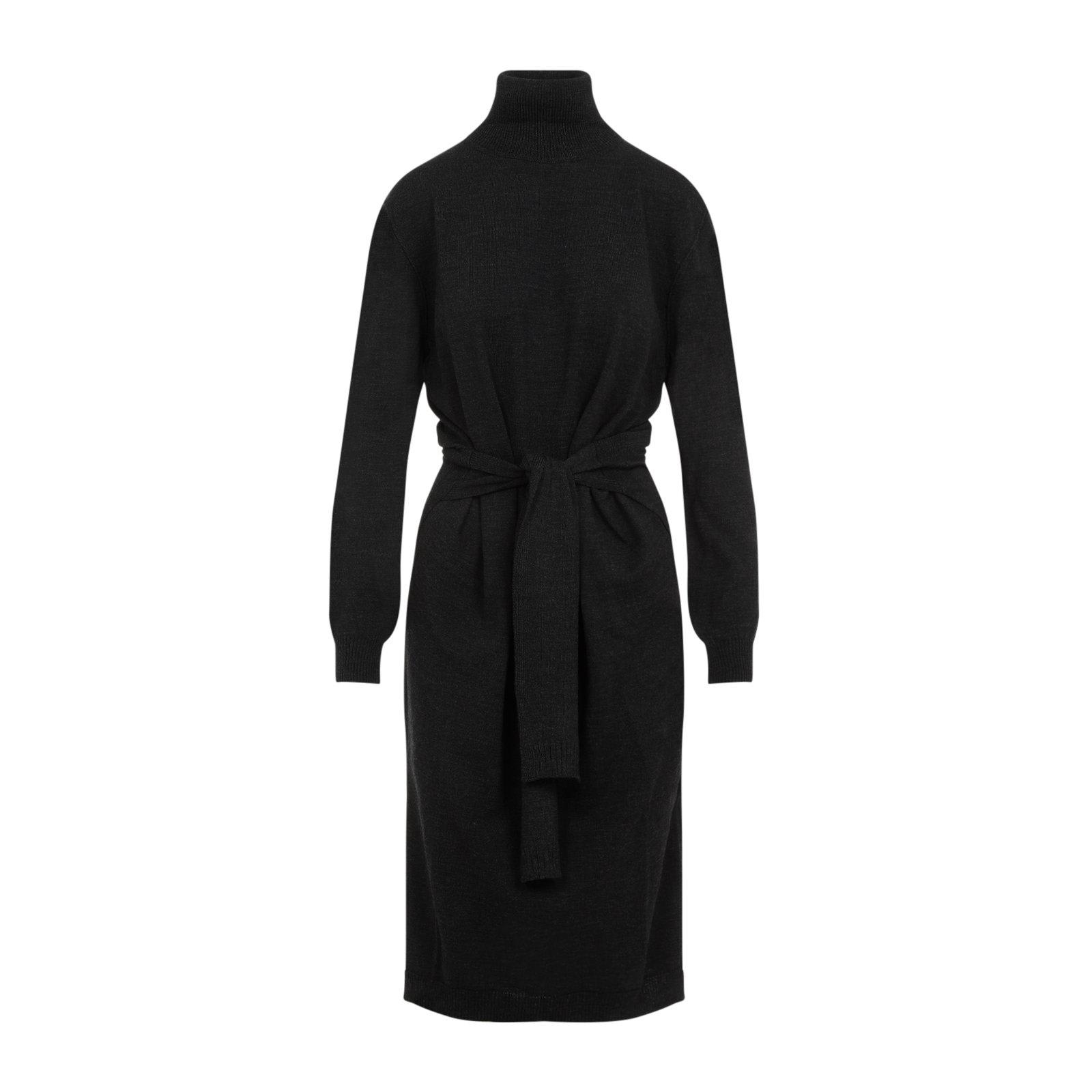 Lemaire Ankle-length Wool Blend Dress With Belted Waist In Grey