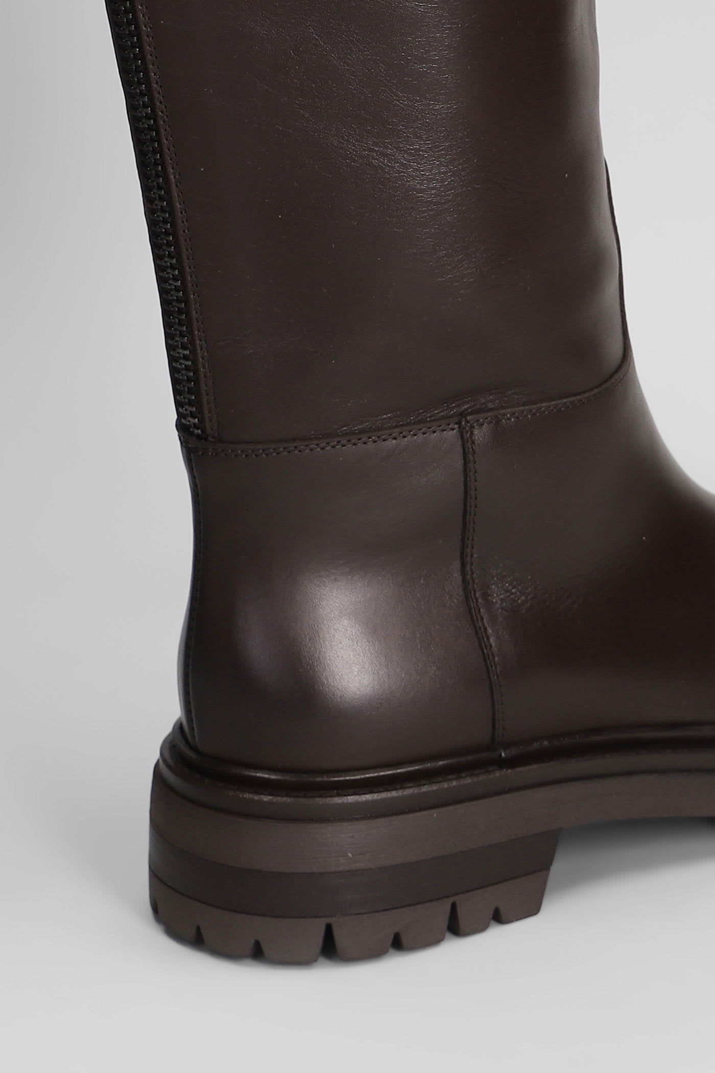 Elena Iachi Low Heels Boots In Dark Brown Leather In Brown