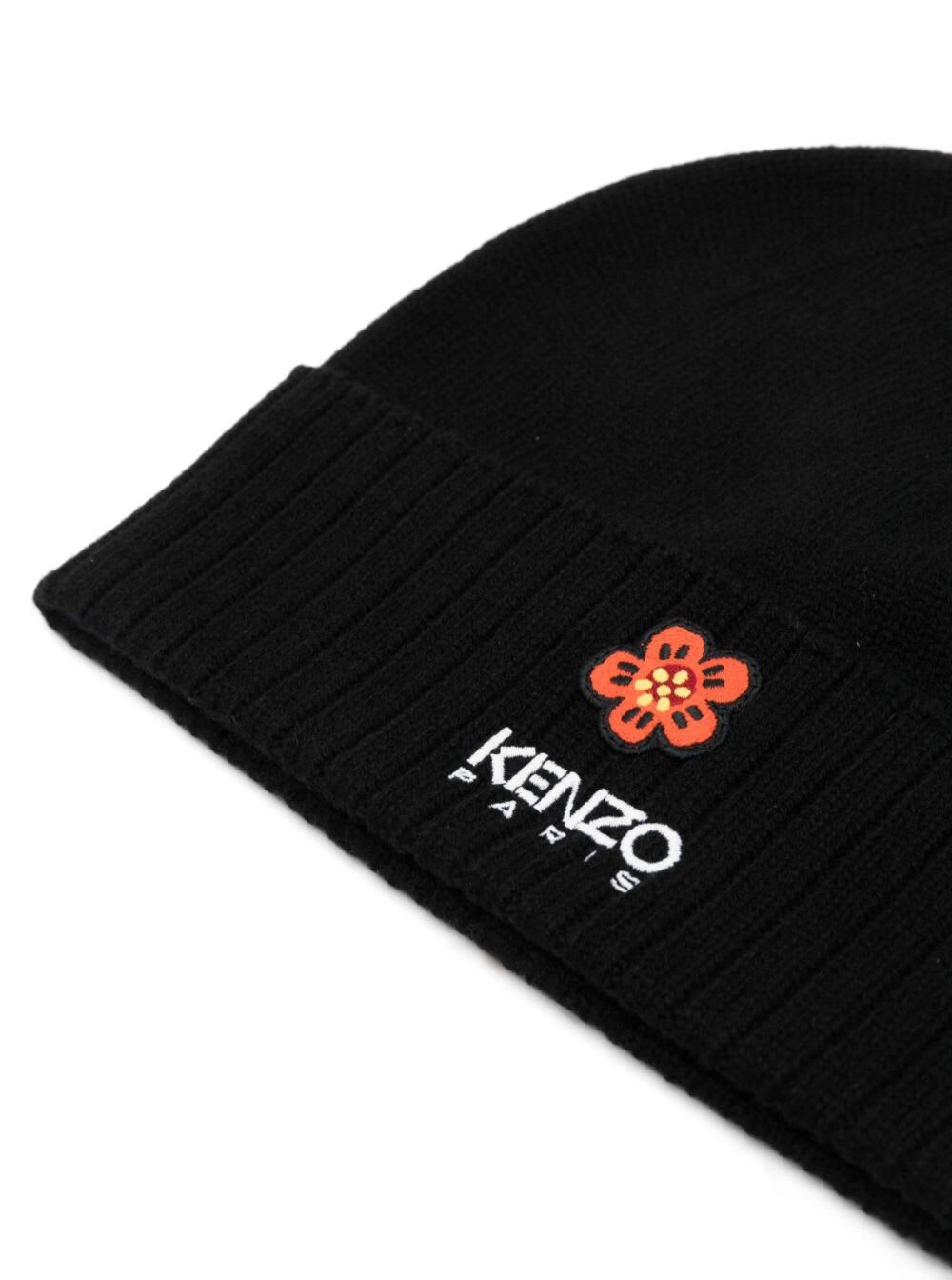 Shop Kenzo Black Beanie With Ribbed Hem And Contrasting Logo In Wool Man