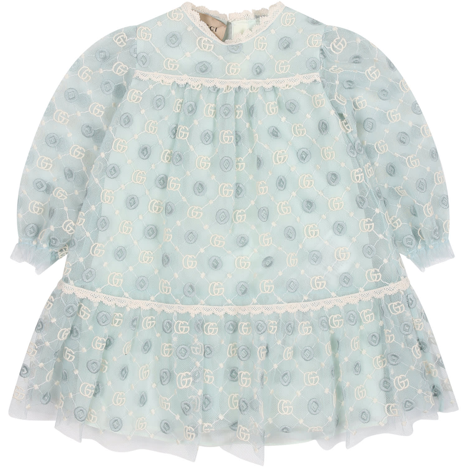 Gucci Light Blue Dress For Baby Girl With Geometric Pattern And Double G