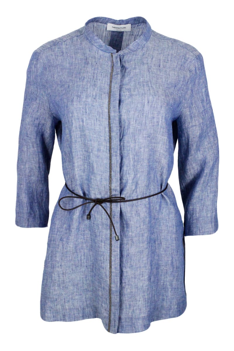 Long Linen Shirt With Leather Belt And Embellished With Brilliant Jewels Along The Buttoning