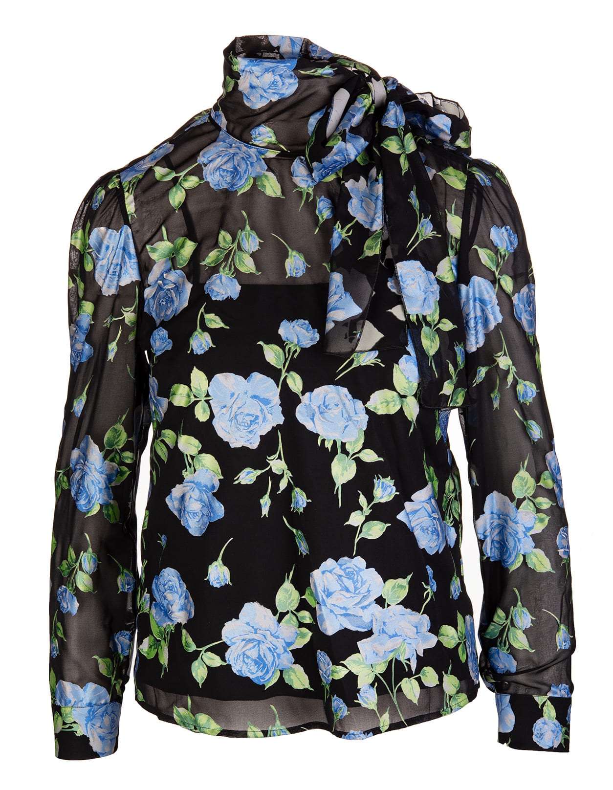 RED Valentino Black Silk Shirt With Blue Roses Print