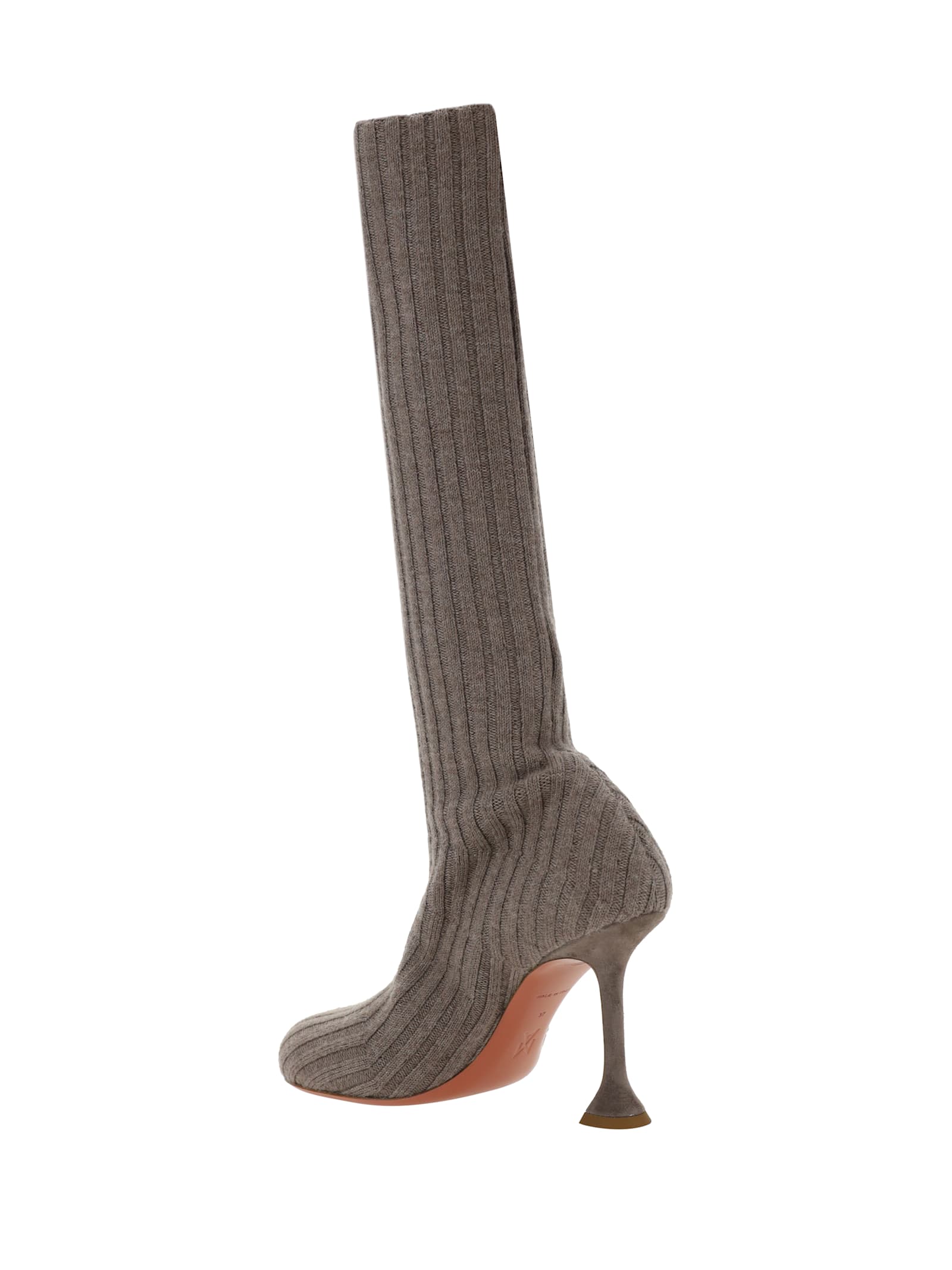 Shop Amina Muaddi Veneda Boots In Fuzzy Ribbed Knit Taupe