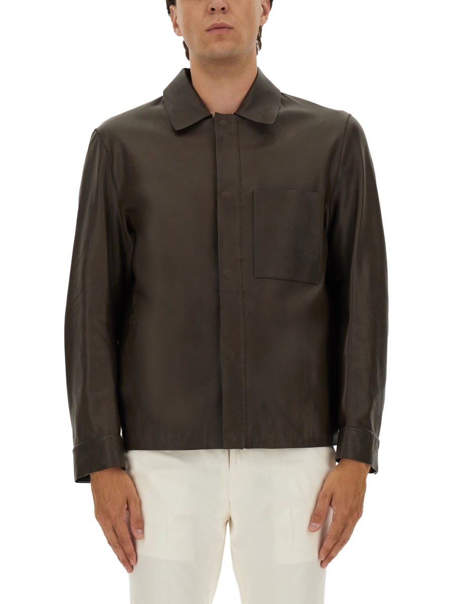 Hugo Boss Boss Camel Brown Leather Jacket With Classic Collar In Blue