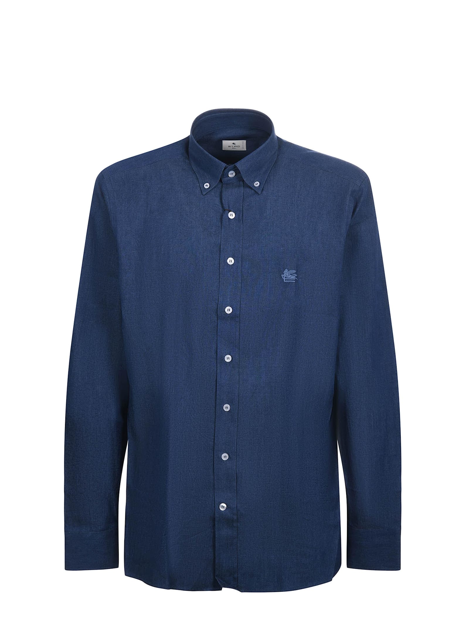 Etro Blue Paisley Print Logo Denim Shirt