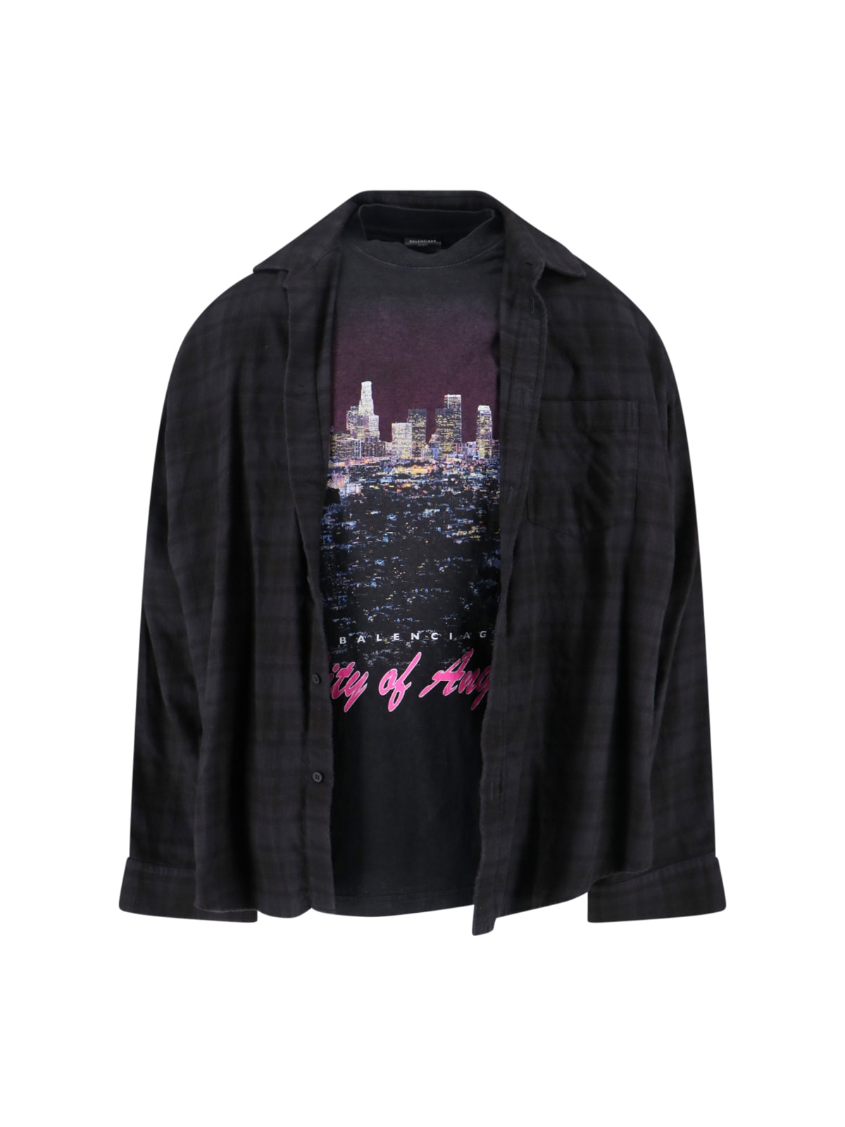 Balenciaga Layered Distressed Long Sleeve Graphic Shirt In Black