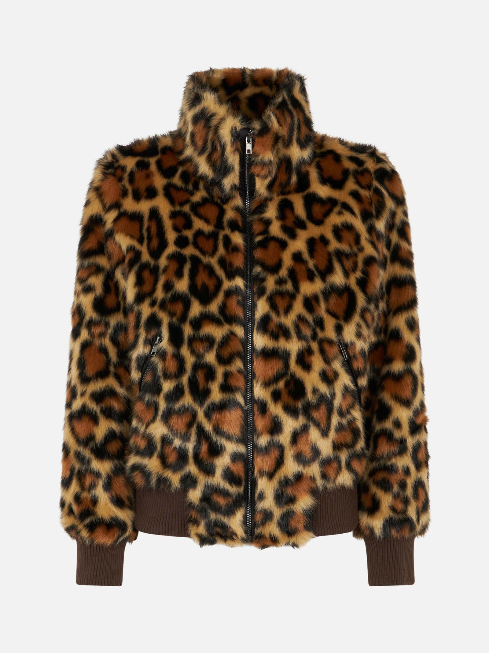 Mc2 Saint Barth Woman Furry Short Jacket With Animalier Heart Print In Brown