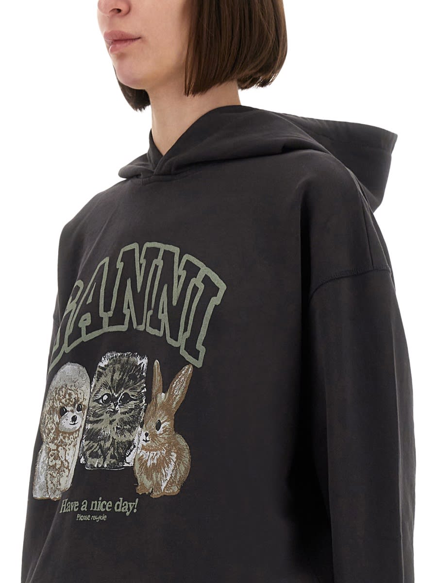 Ganni Hoodie With Logo Print In Black