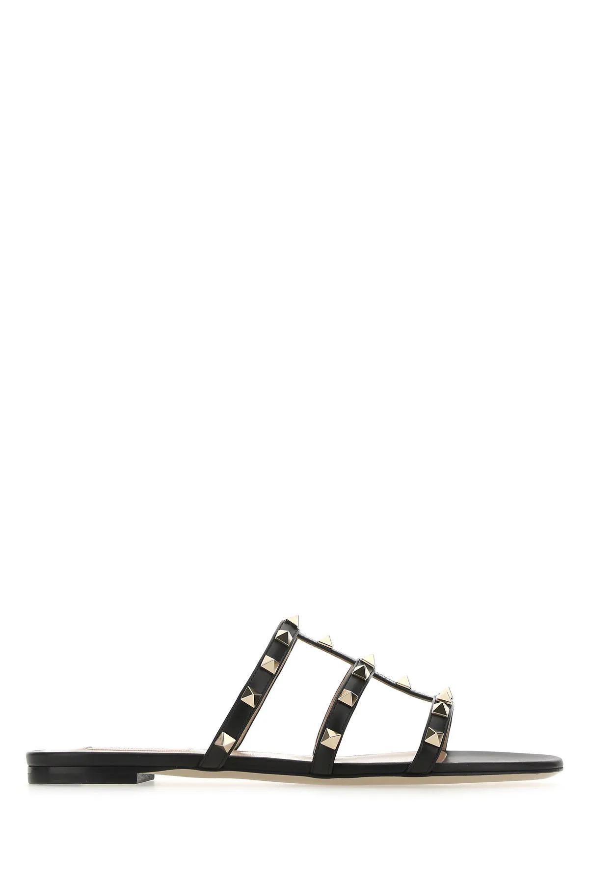 Black Leather Rockstud Slippers