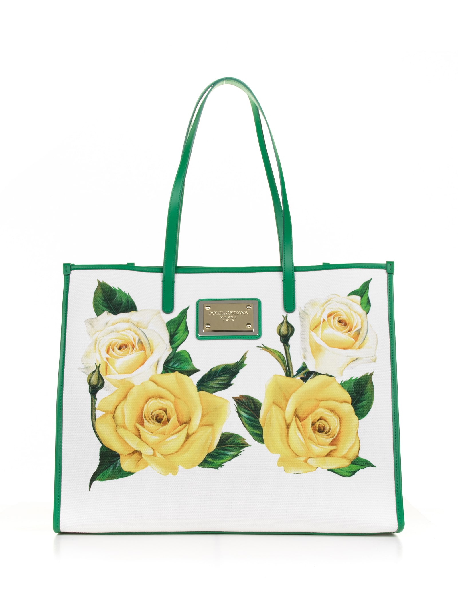 Dolce & Gabbana Large Yellow Flower Shopping Bag With Logo In Rose Gialle Fondo Bianco