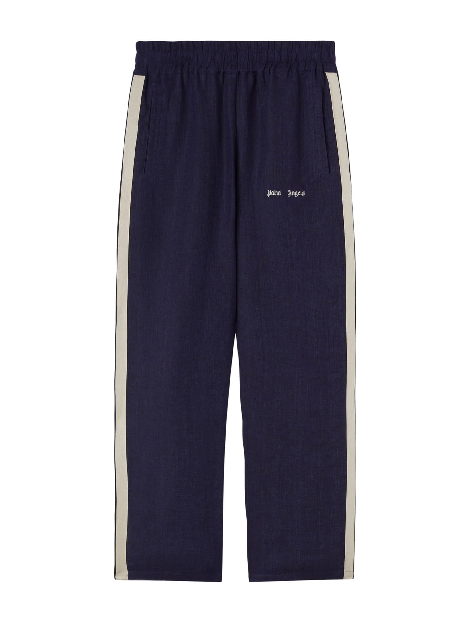 Shop Palm Angels Classic Logo Linen Track Pant In Navy Blue
