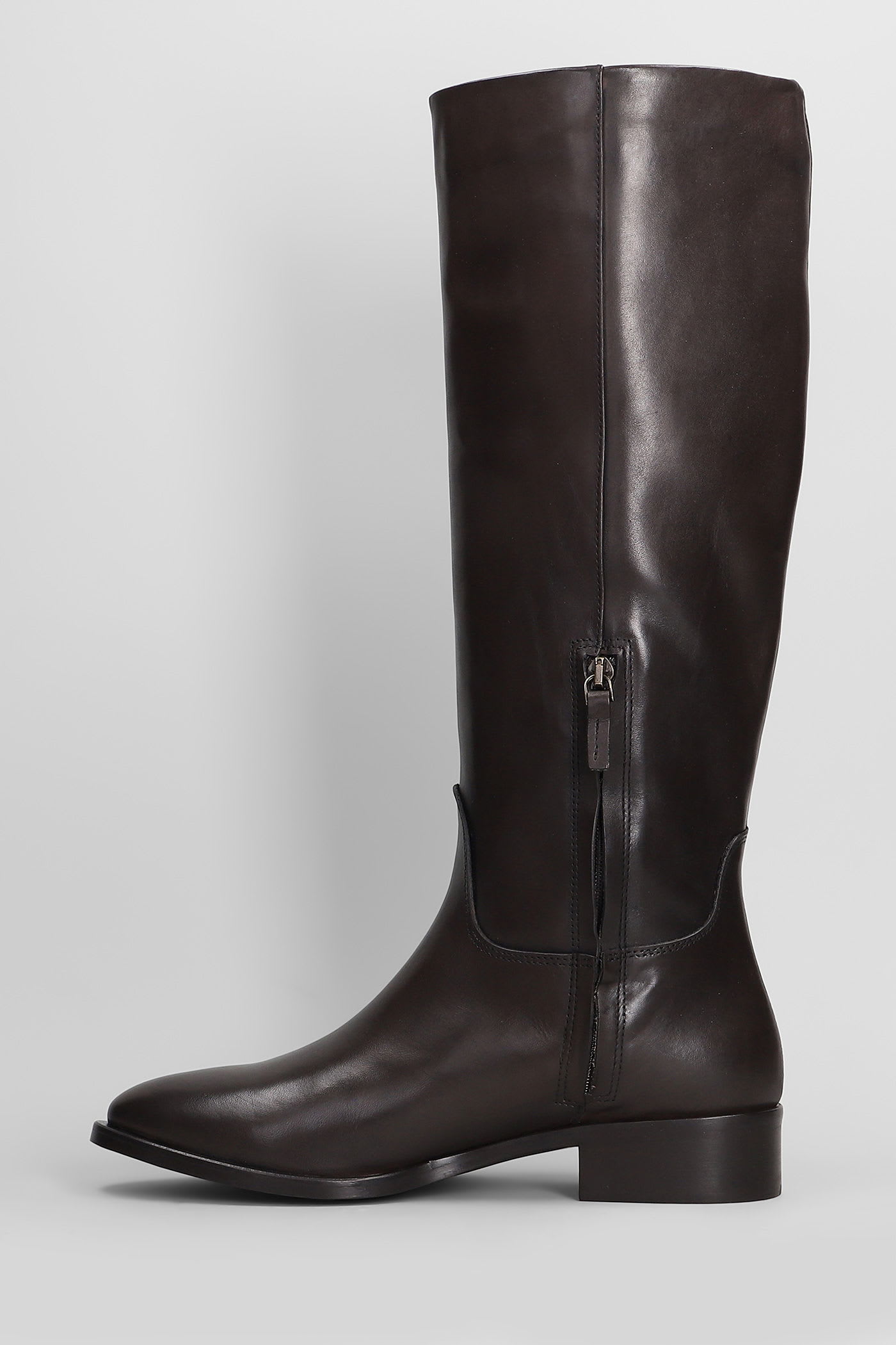 Julie Dee Low Heels Boots In Dark Brown Leather In Brown