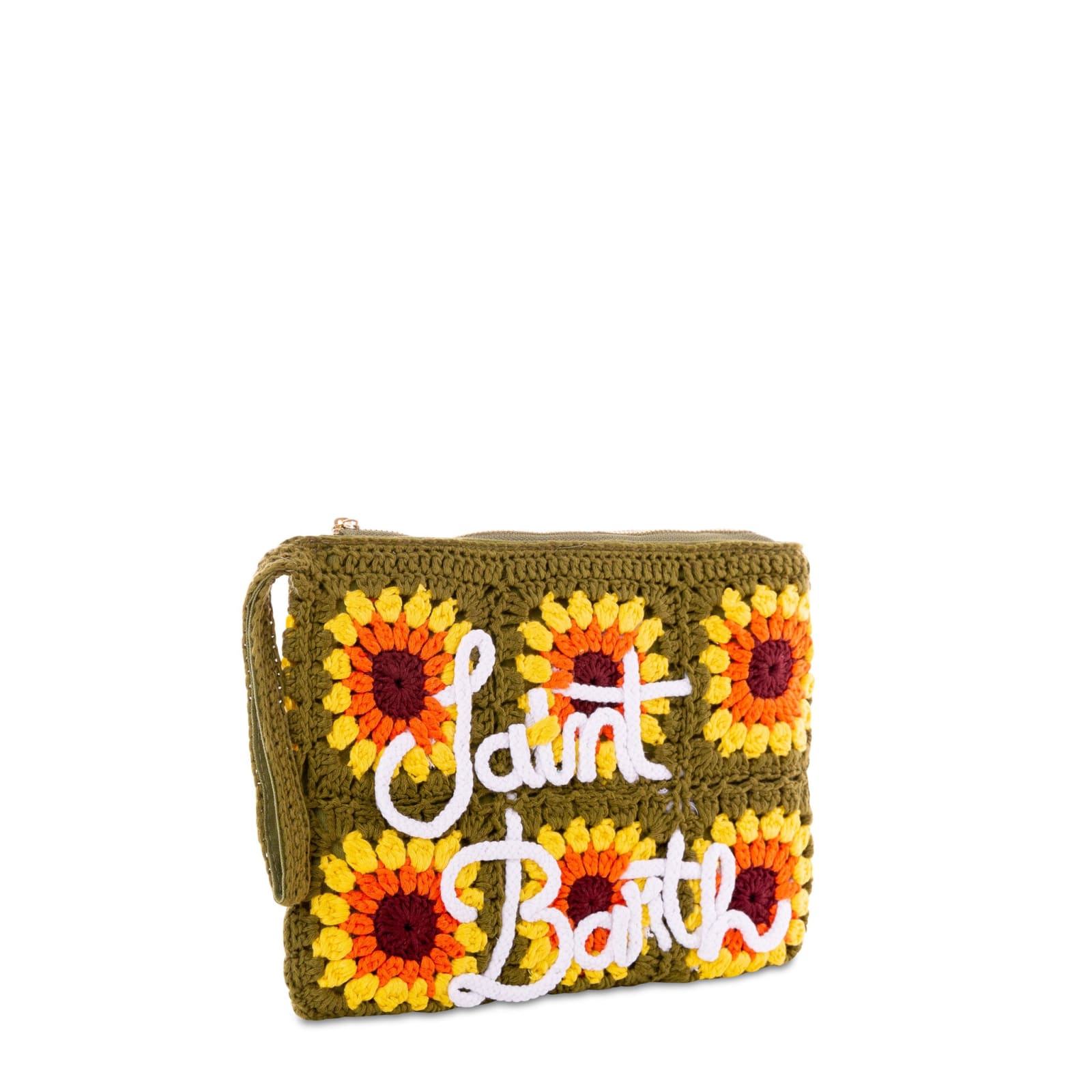 Shop Mc2 Saint Barth Parisienne Crochet Pouch Bag With Sunflower Embroidery In Green