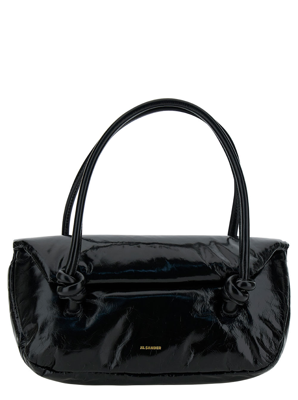Jil Sander Knot Small Black Shoulder Bag With Laminated Logo In Patent Leather Woman
